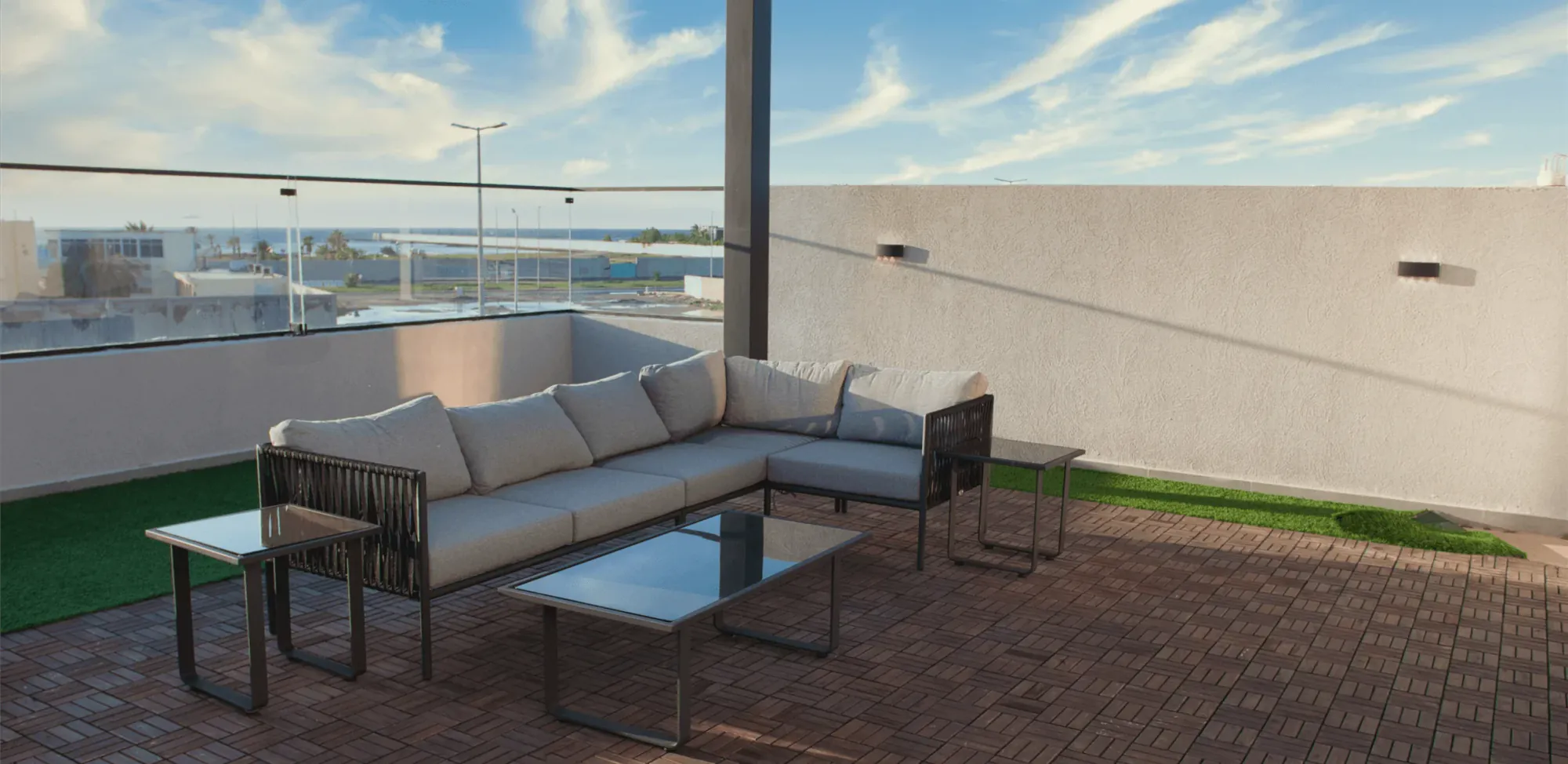 Photograph of Al Lulu Villas in Jeddah: upper-level terrace and coastal horizon
