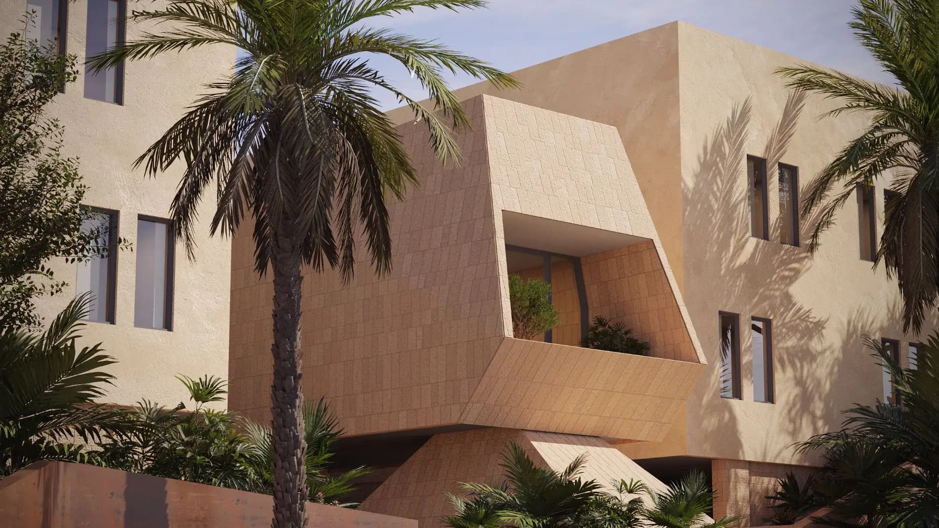 Developer render of an Al Majdiah 174 building corner with sculpted balconies and palms