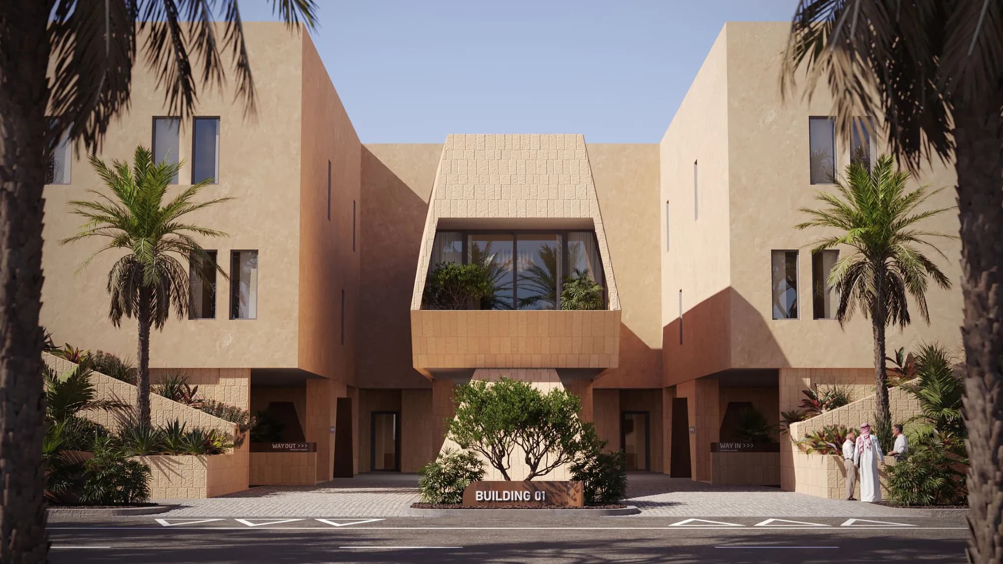 Developer render of the Al Majdiah 174 entrance elevation with recessed balconies