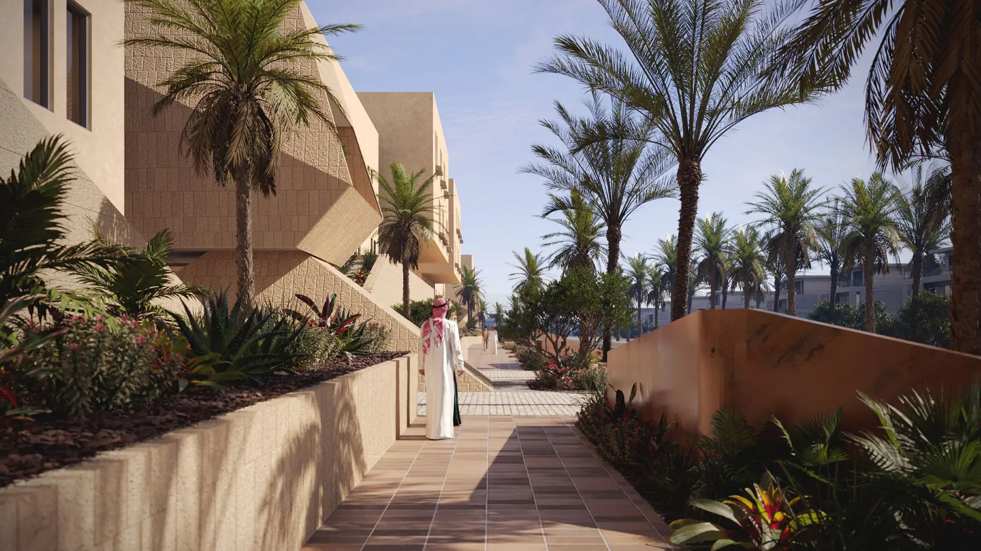 Developer render of a landscaped pedestrian walk lined with palms at Al Majdiah 174