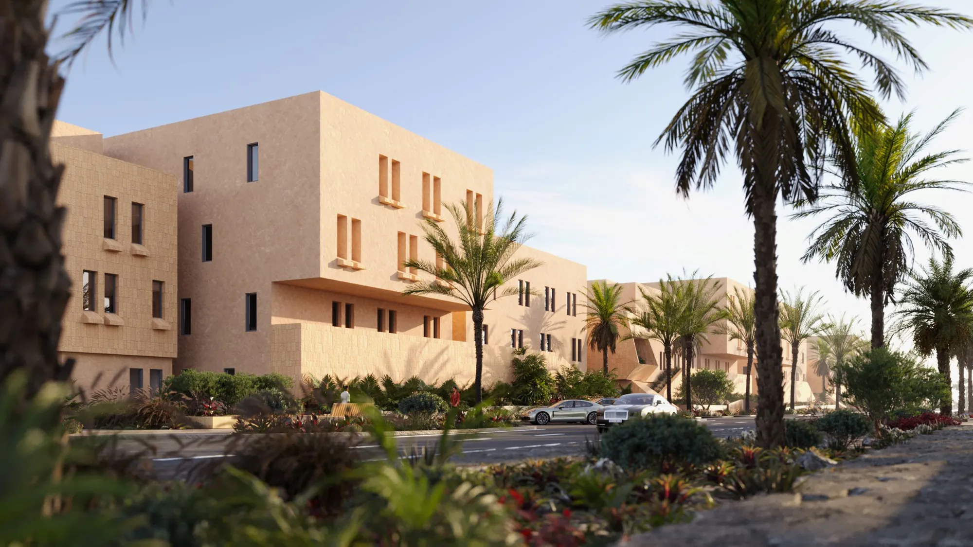 Developer render of a wider view of the sand-coloured Al Majdiah 174 buildings and palms