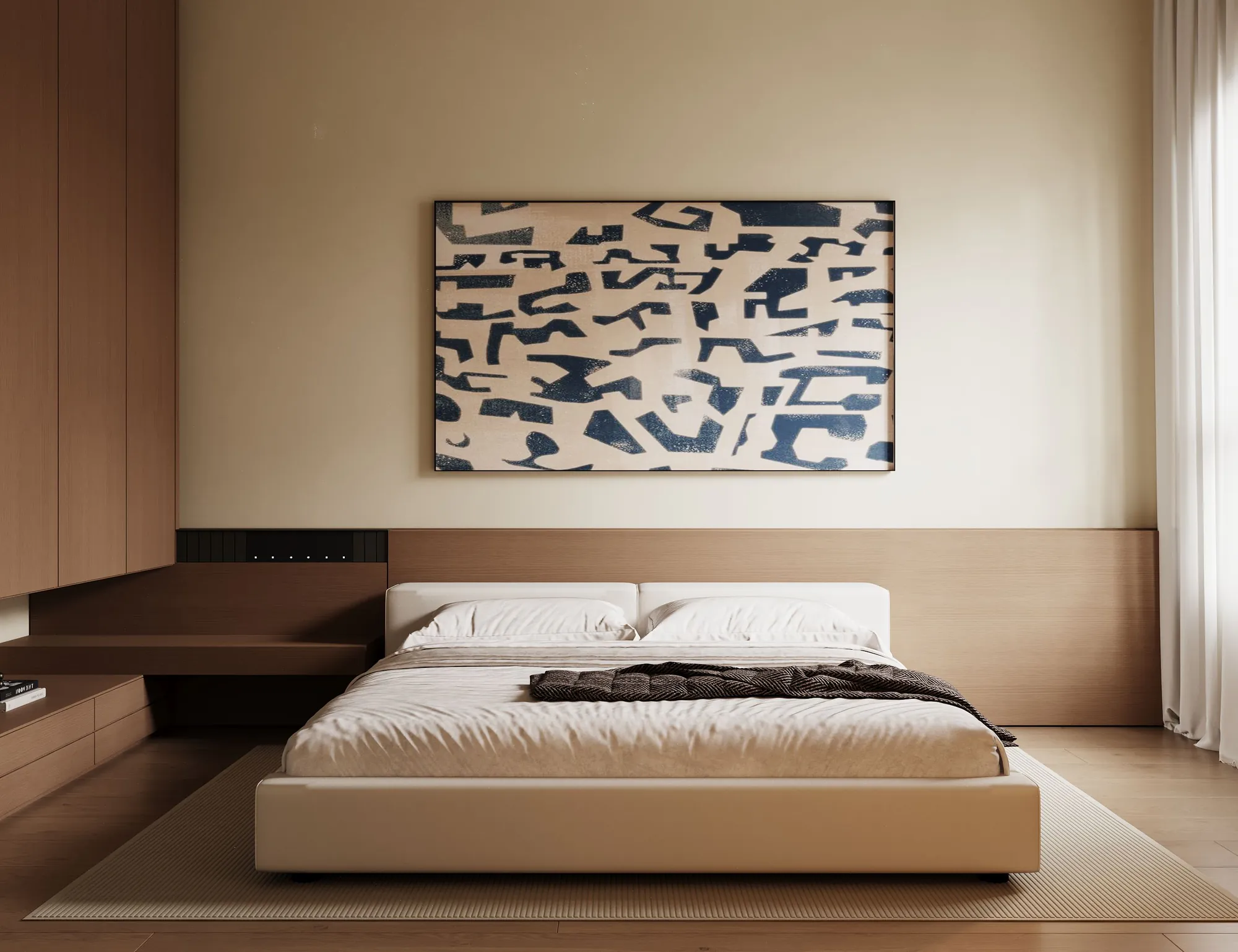 Developer render of a bedroom at Al Majdiah 178 with framed artwork