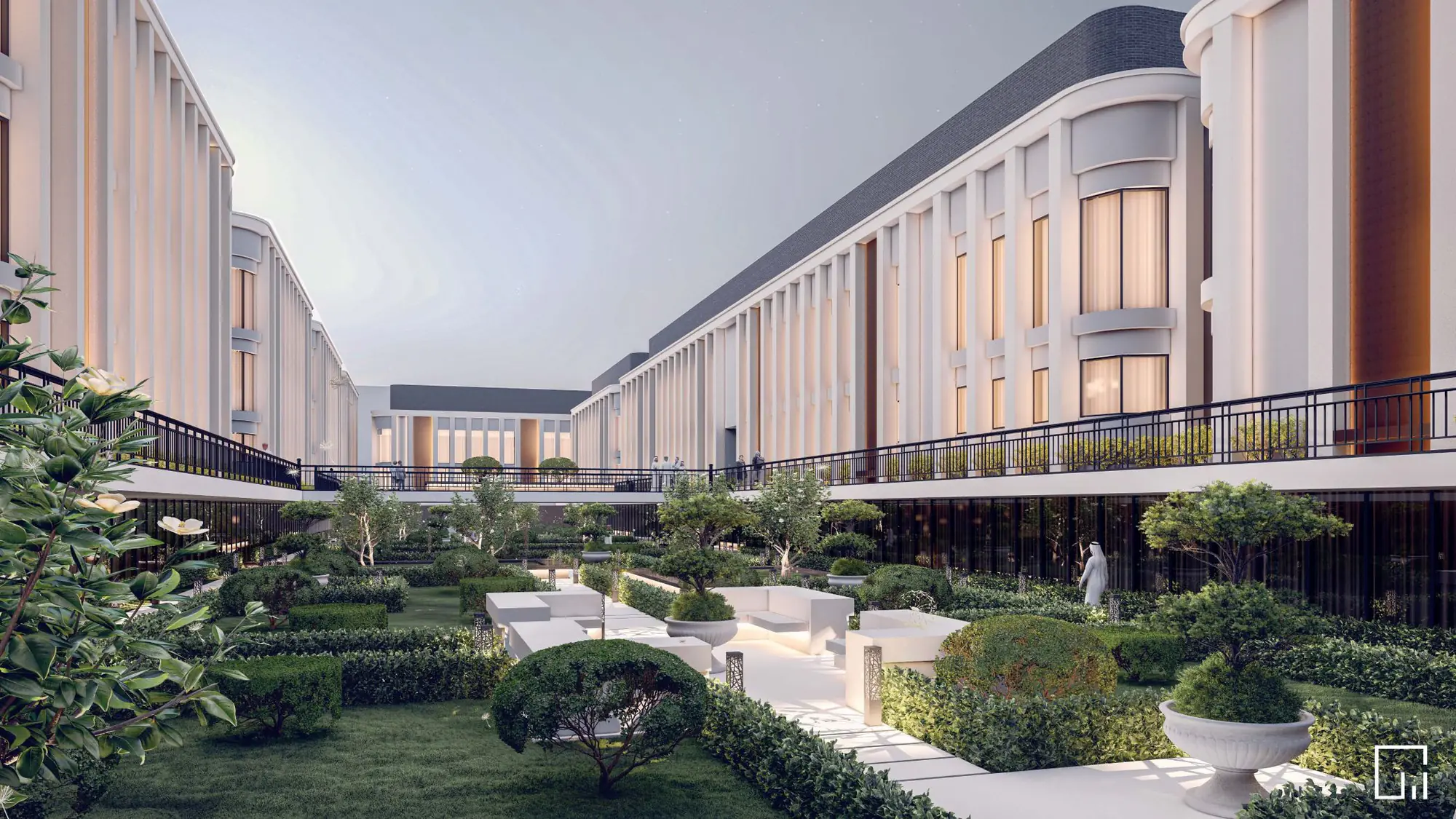 Developer render of the central garden courtyard at Al Majdiah 178 with planting and paths