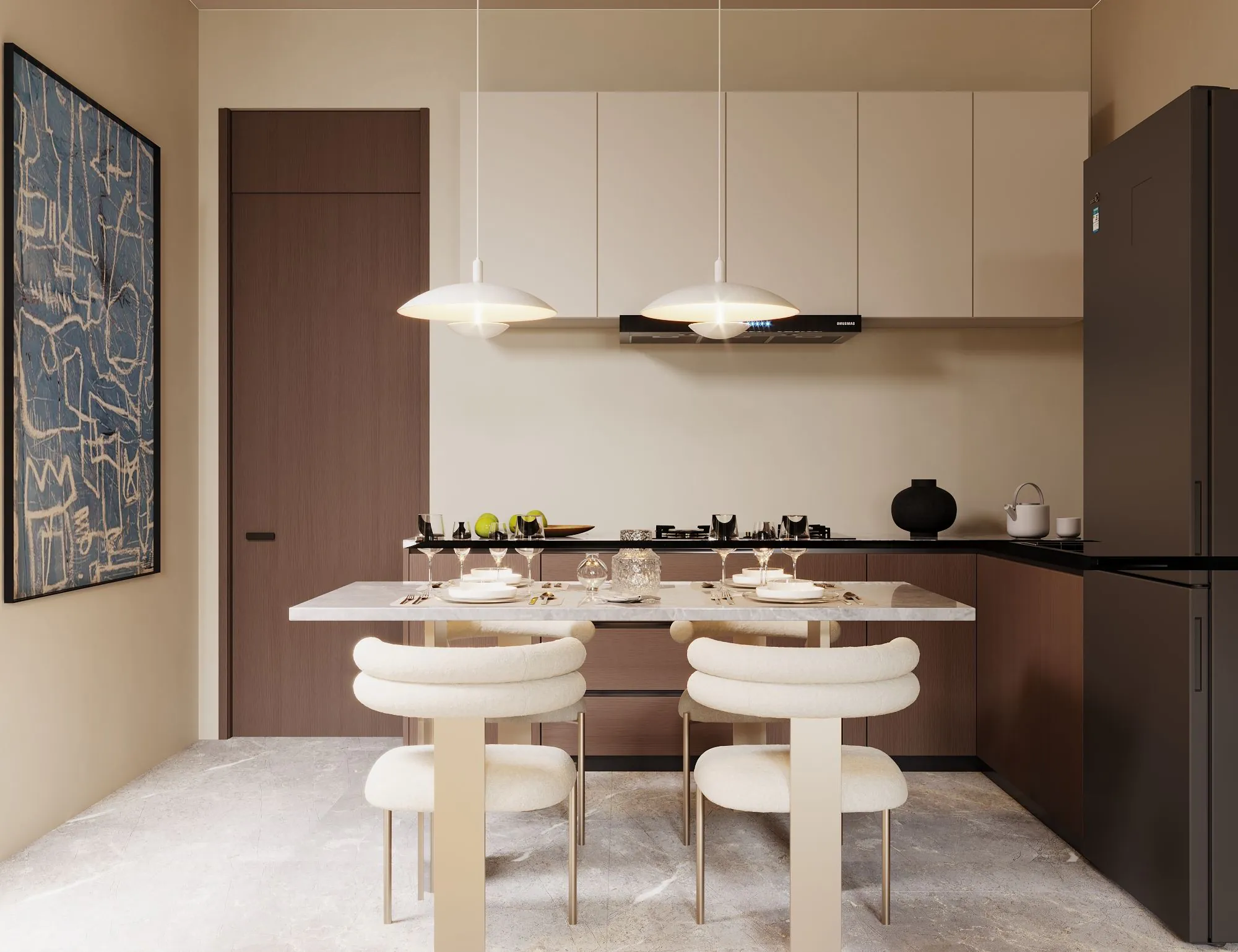 Developer render of a kitchen at Al Majdiah 178 with an island dining counter