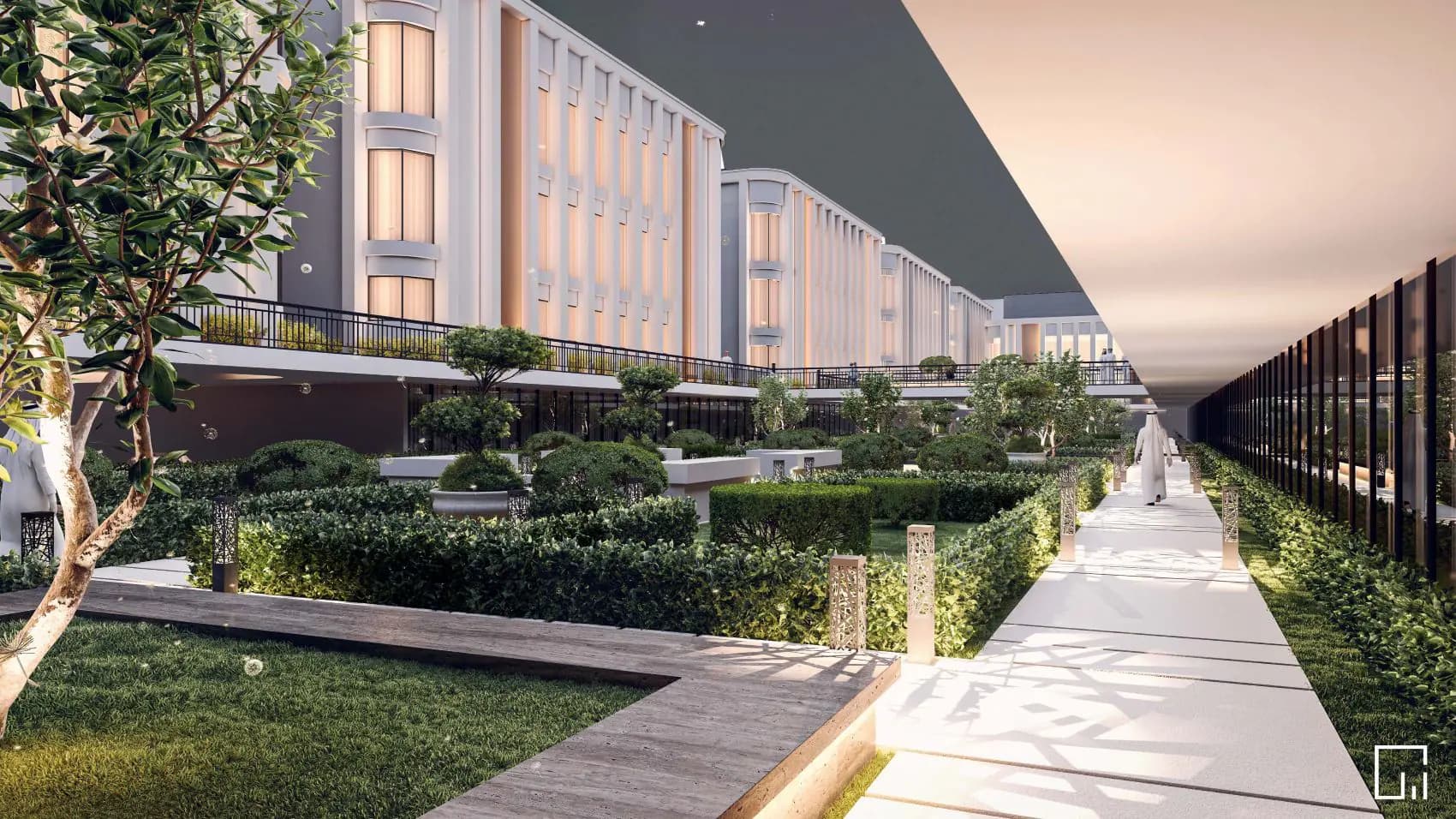Developer render of a lit landscaped walkway running between the Al Majdiah 178 buildings