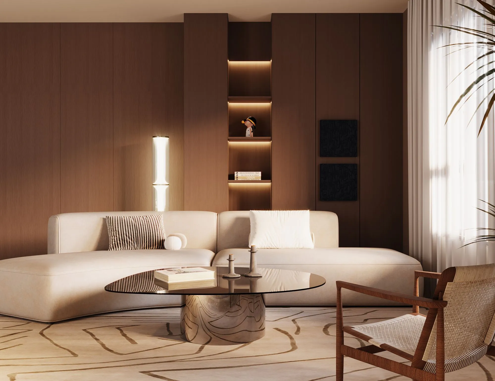 Developer render of a living room at Al Majdiah 178 with built-in shelving