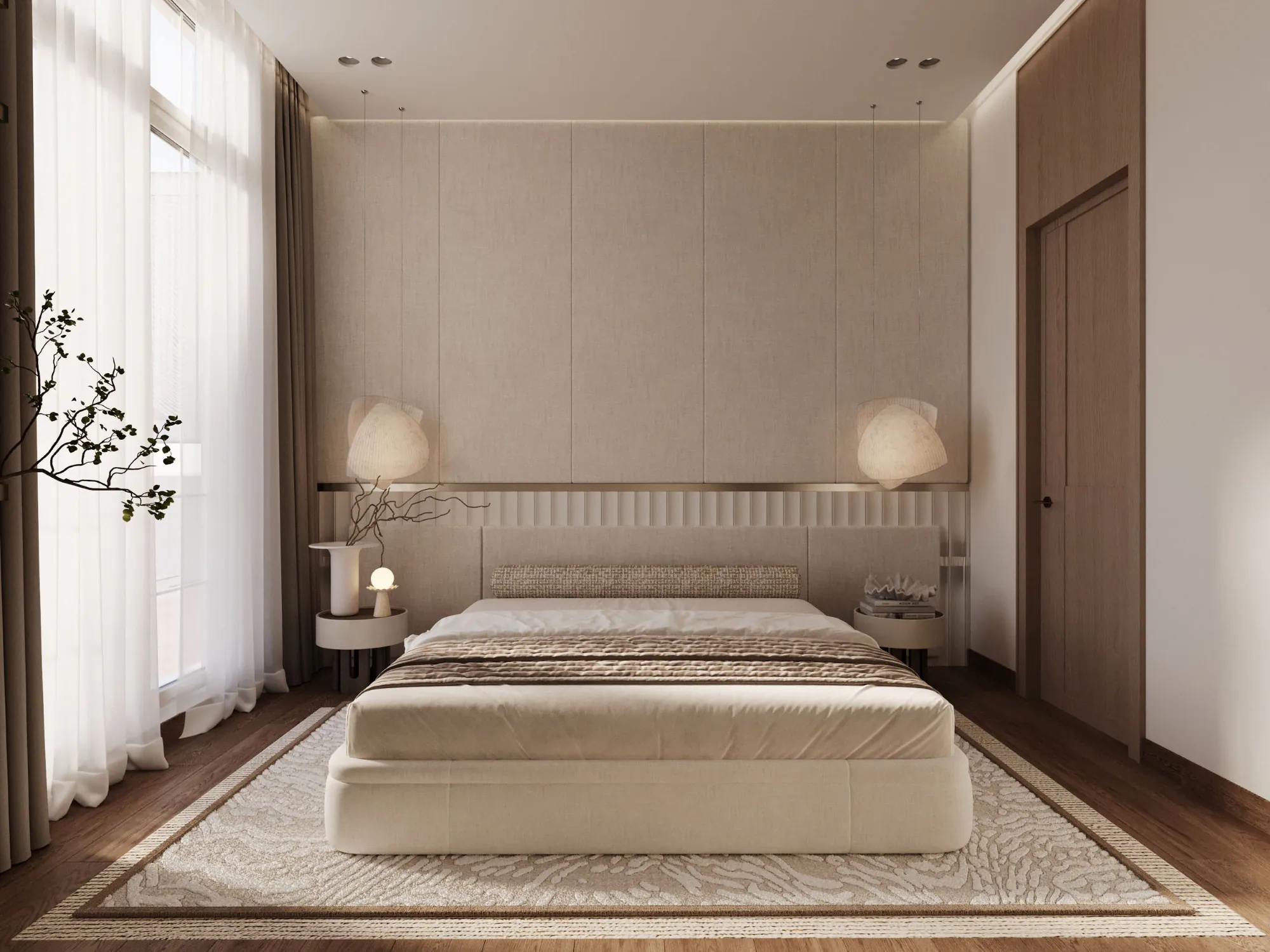 Developer render of a bedroom at Al Majdiah 183 with an upholstered bed and soft lighting