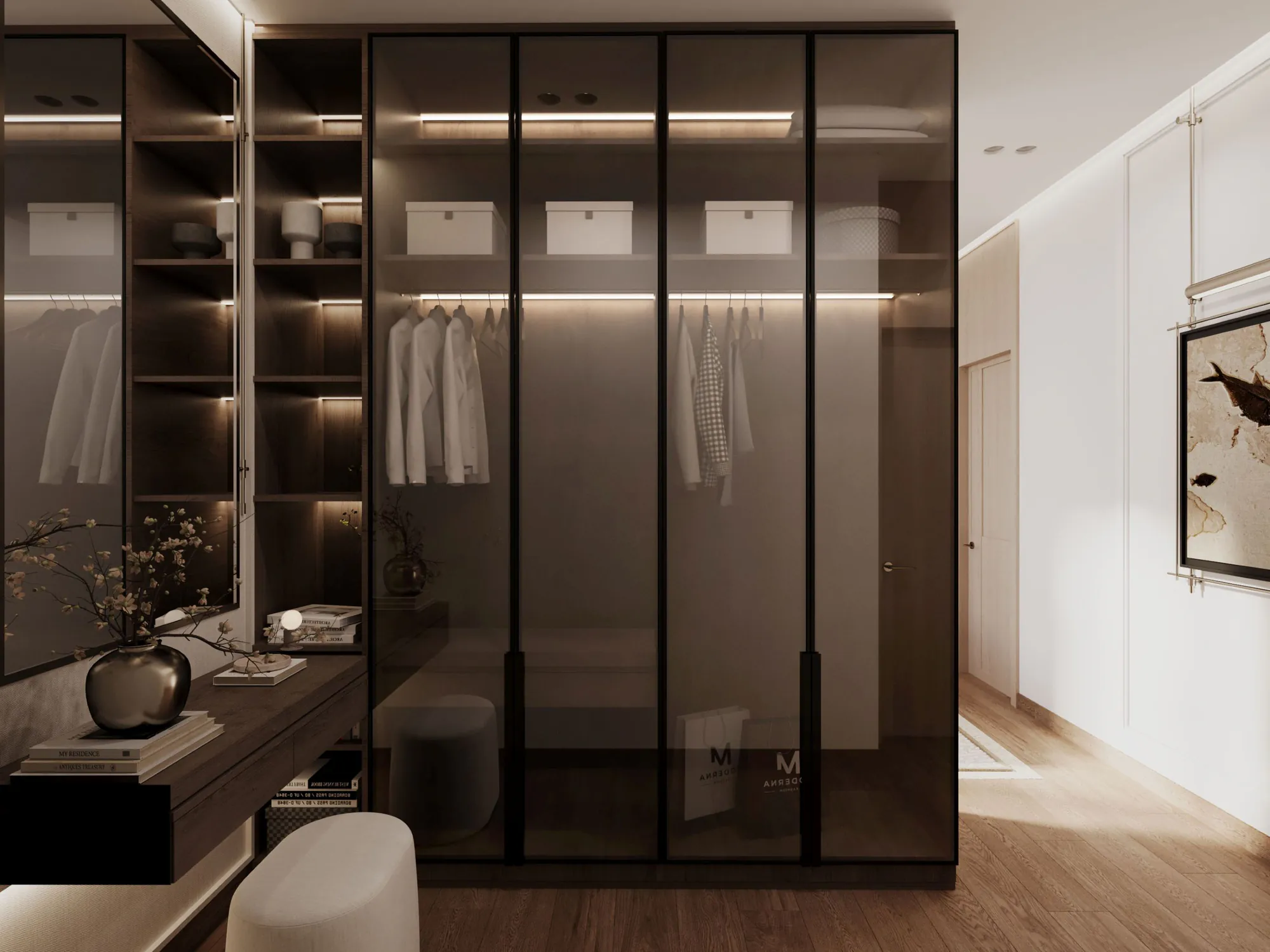 Developer render of a dressing room at Al Majdiah 183 with dark glass wardrobes