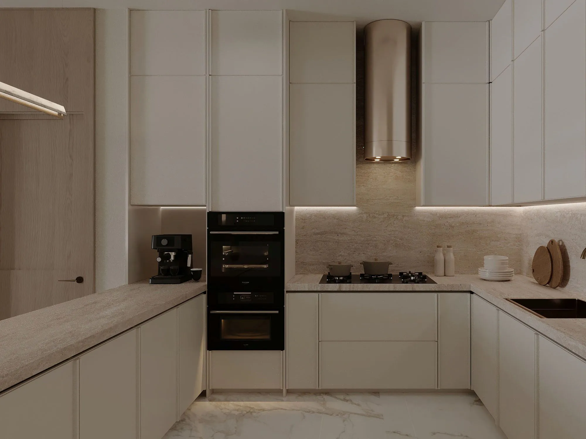 Developer render of a kitchen at Al Majdiah 183 with white cabinets and built-in ovens