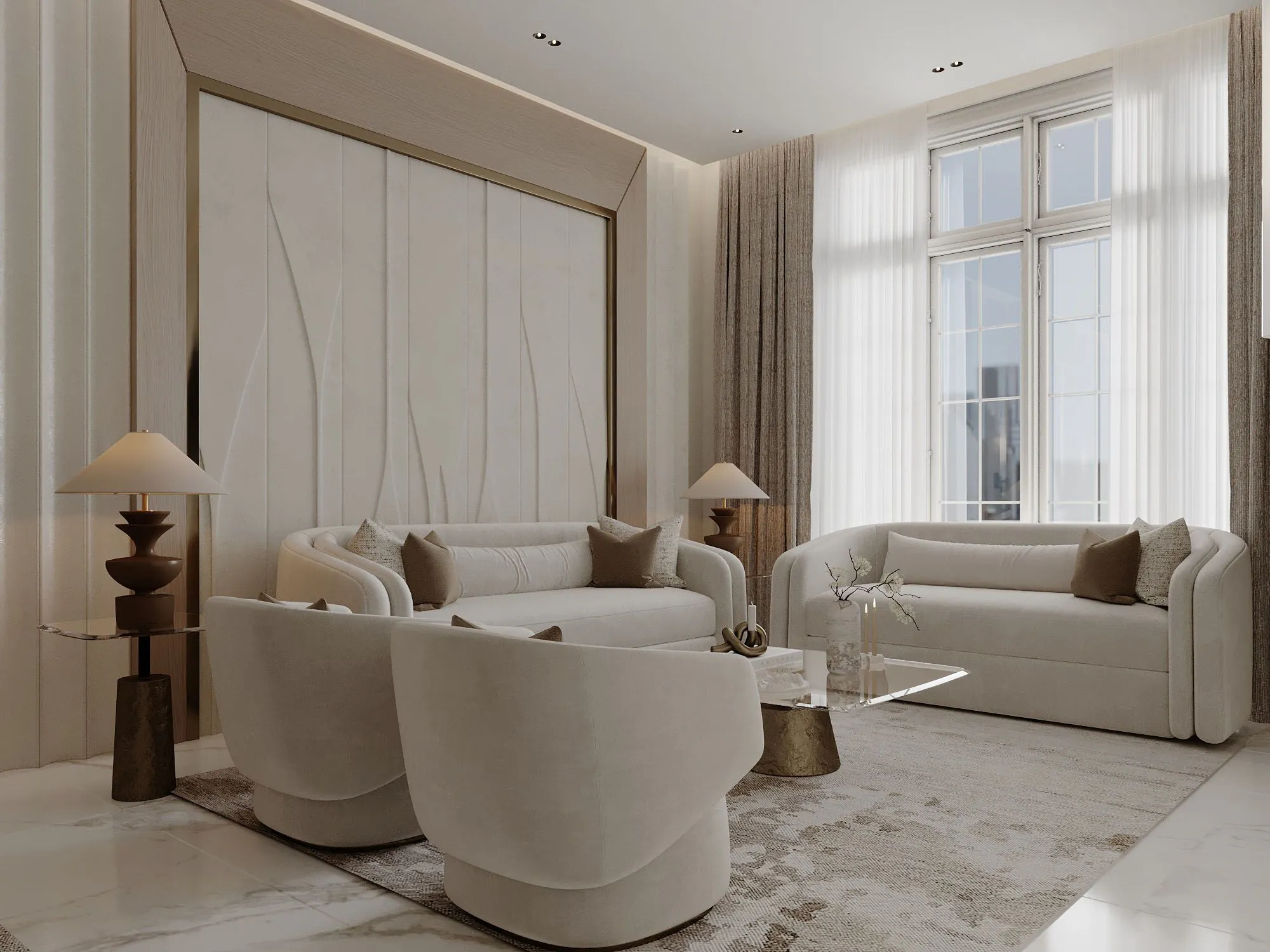 Developer render of a living room at Al Majdiah 183 with cream sofas and tall windows
