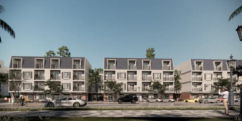 Developer render of the Al Majdiah 183 street view: white four-storey apartment buildings with grey mansard roofs behind trees
