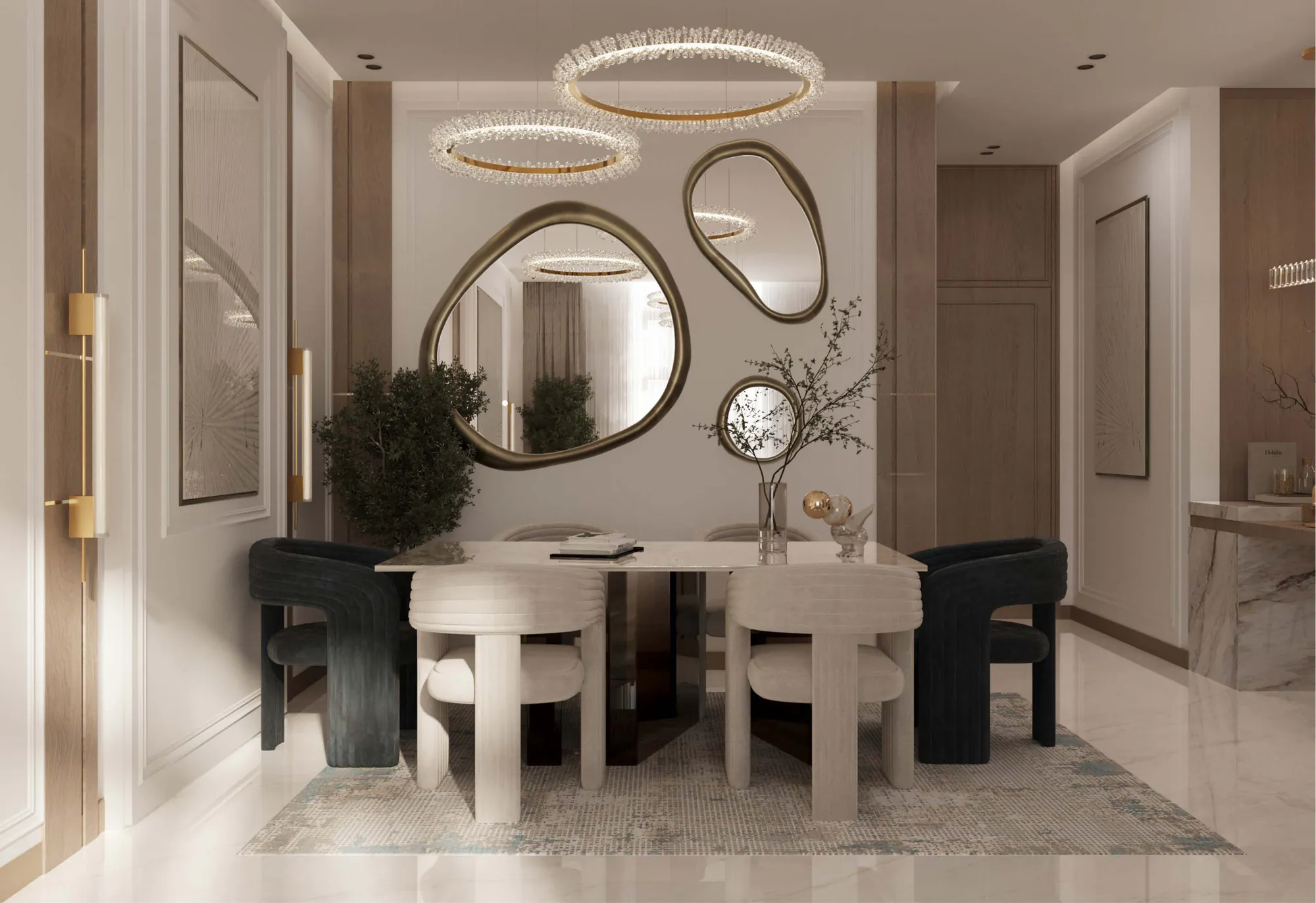 Developer render of a dining area at Al Majdiah 192 with a white table, dark chairs and sculptural mirrors
