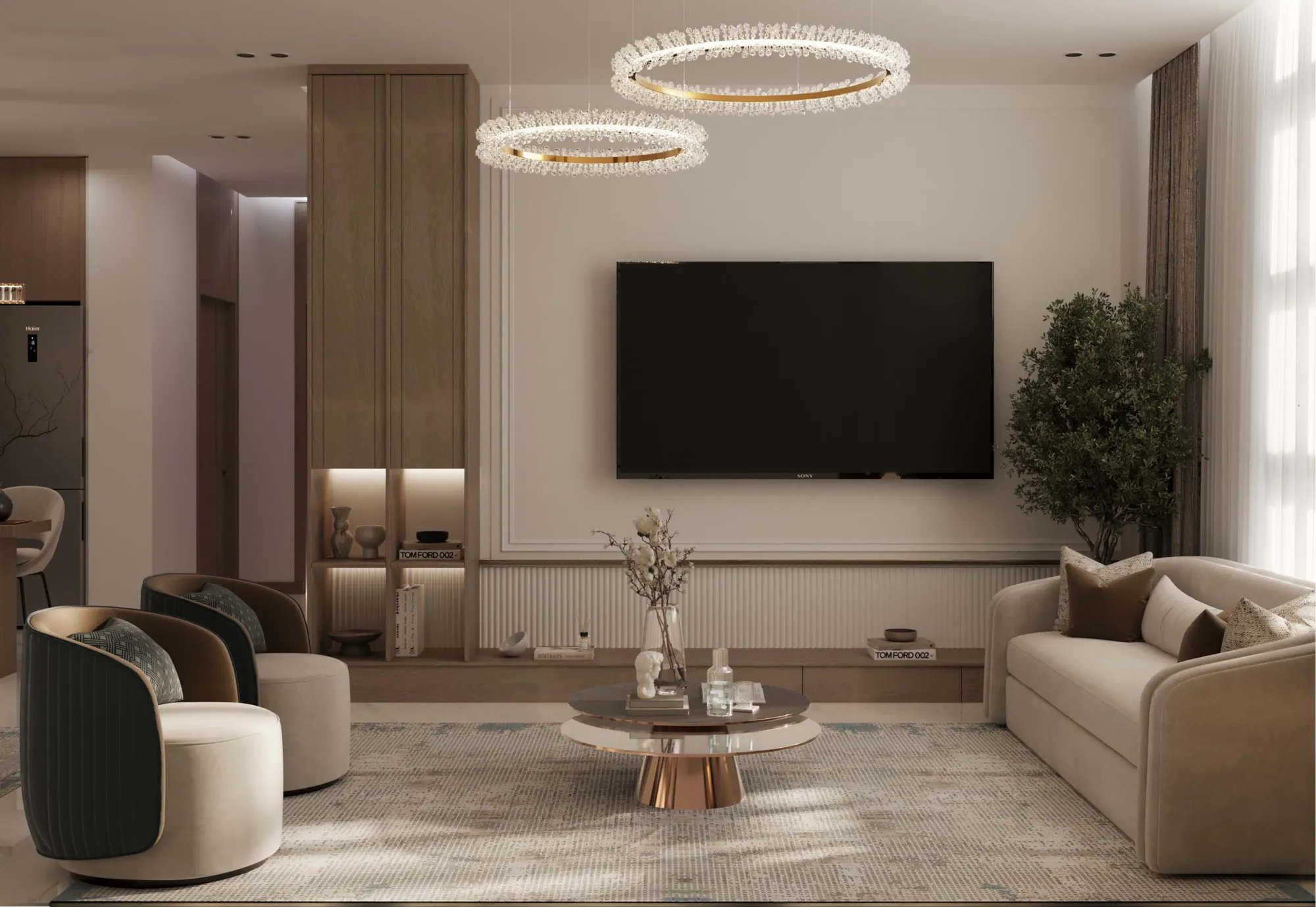 Developer render of a family room at Al Majdiah 192 with a media wall, curved armchairs and pale timber floors