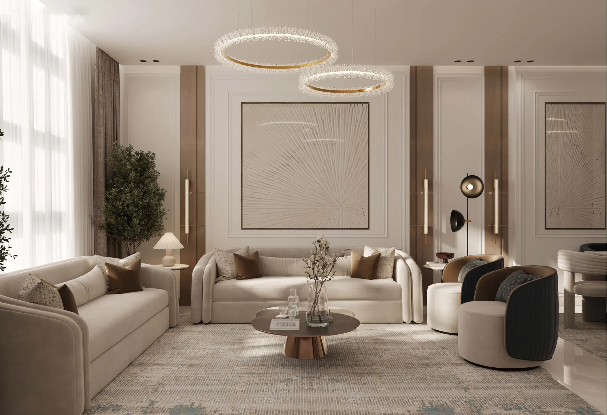 Developer render of a living room at Al Majdiah 192 with cream sofas, a ring pendant light and a large window