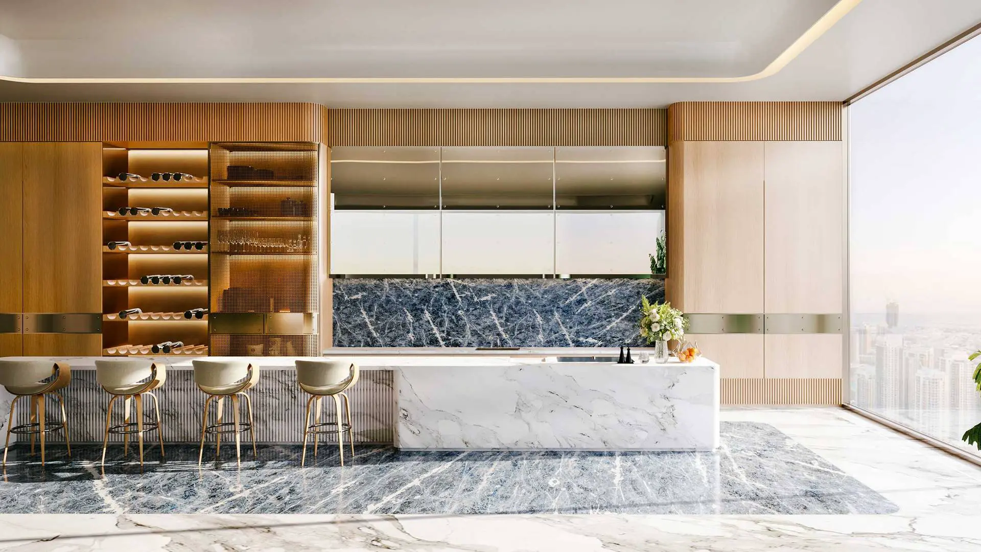 A kitchen with wine wall