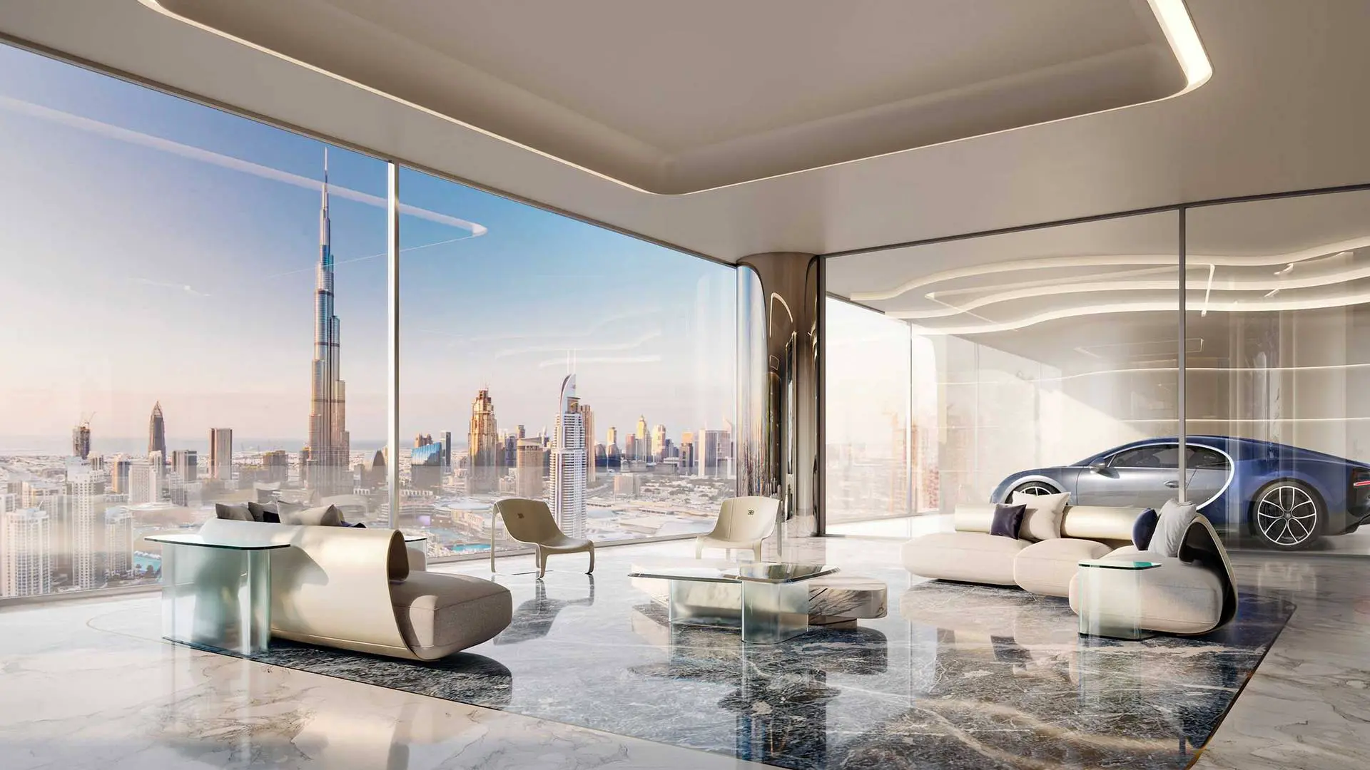 A living room with car display