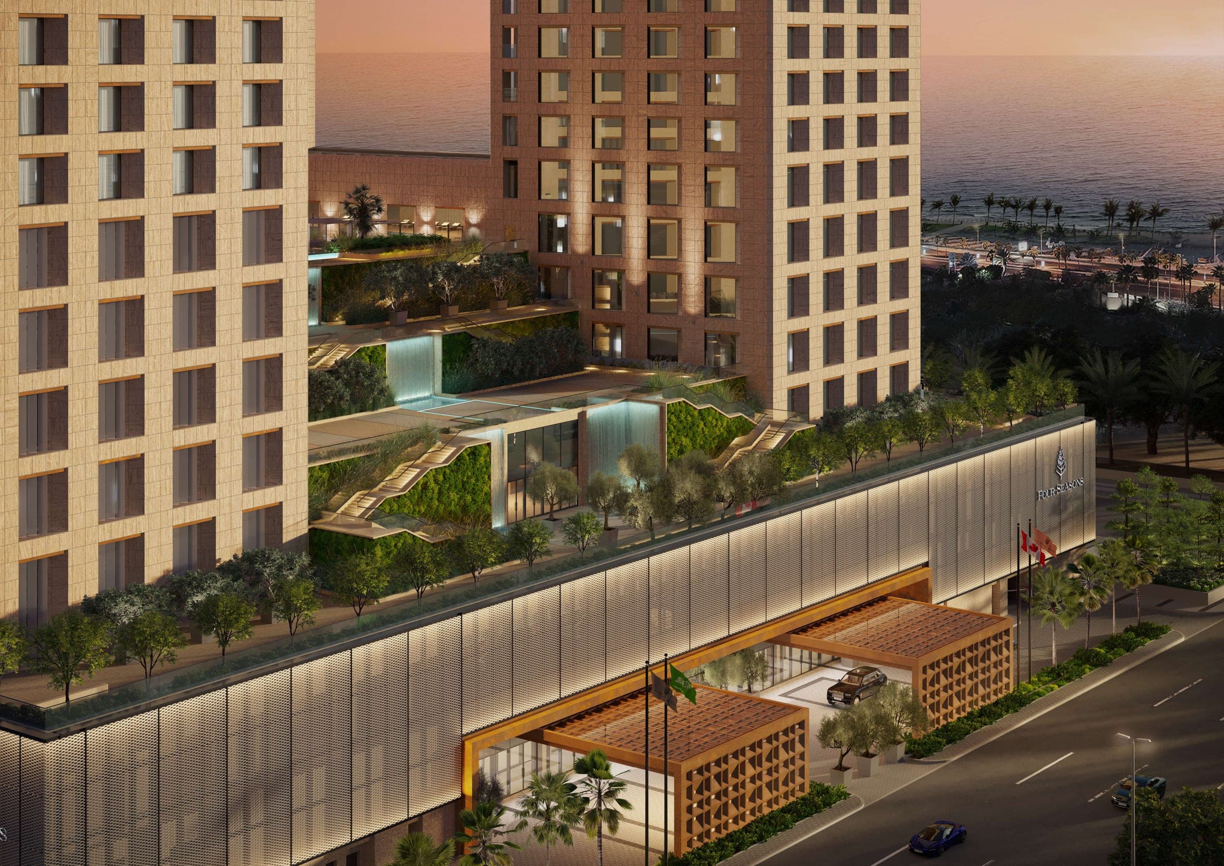 Developer render of the Four Seasons Private Residences Jeddah towers and hanging gardens at dusk