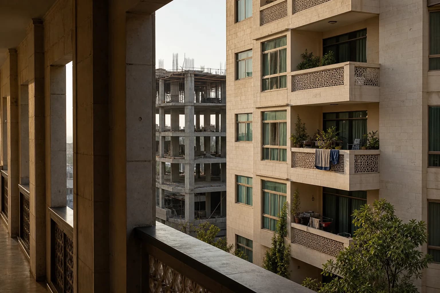 Occupied apartment balconies beside a residential building still under construction
