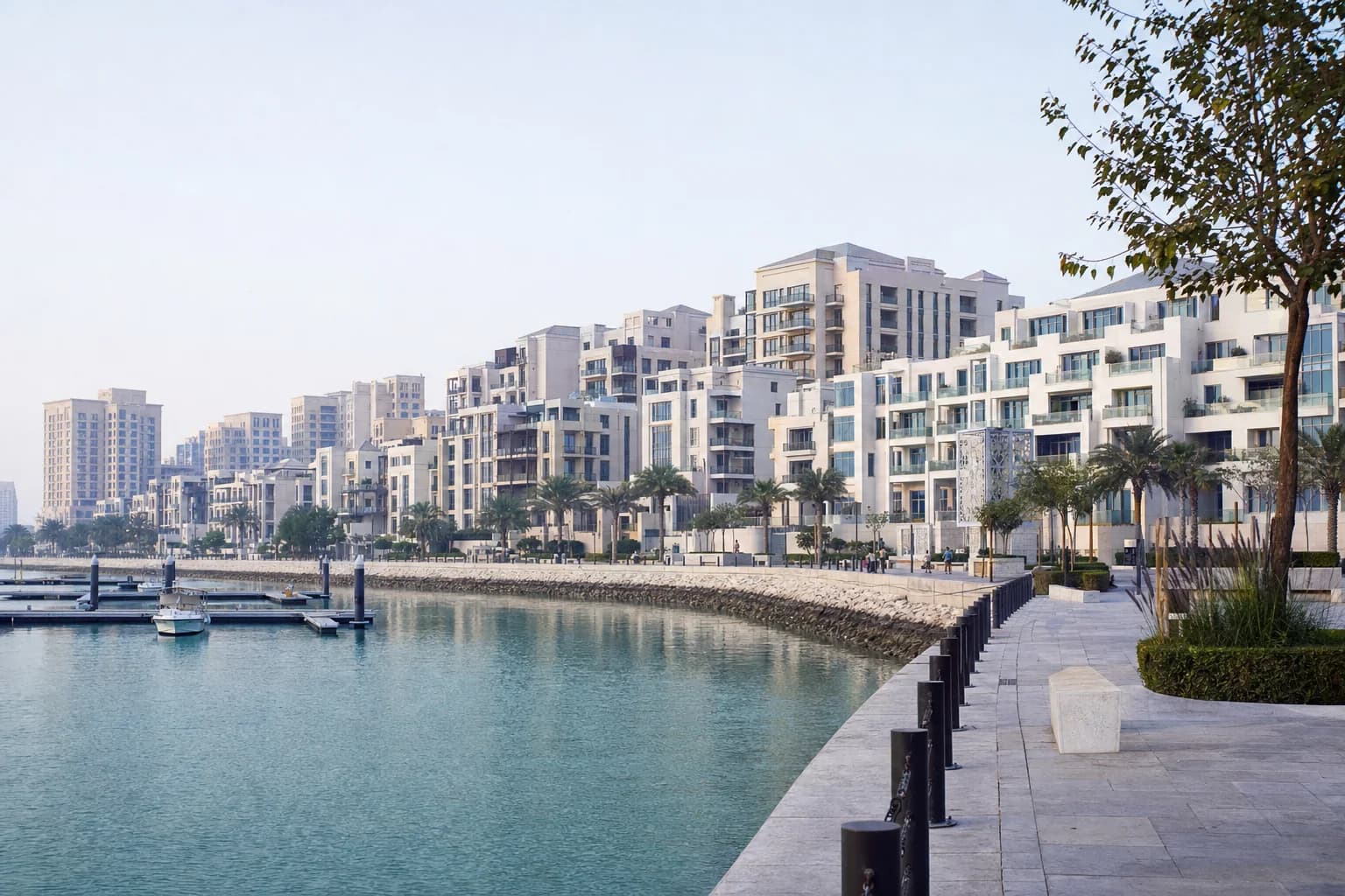 A completed Doha waterfront neighbourhood in the soft morning light