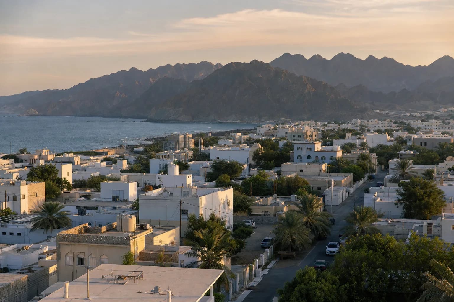 A low-rise Muscat neighbourhood between the Gulf and the Hajar foothills