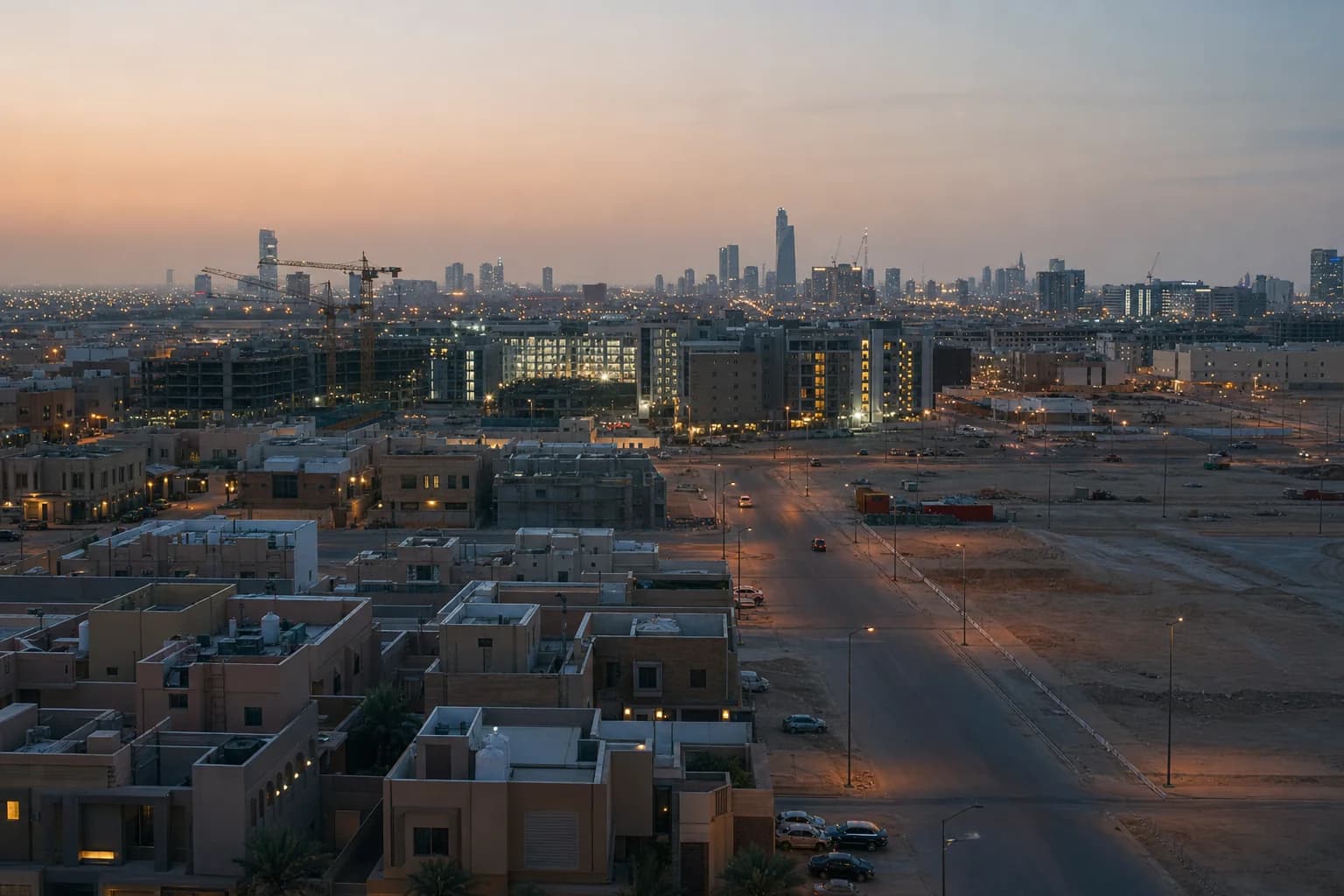 Riyadh homes and apartment buildings expanding toward the city skyline at blue hour