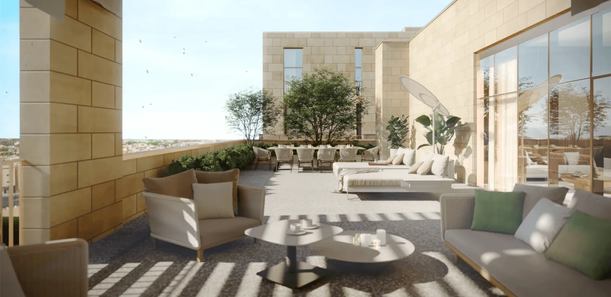 Render of Kaheel in Riyadh: balcony overlooking planted communal space