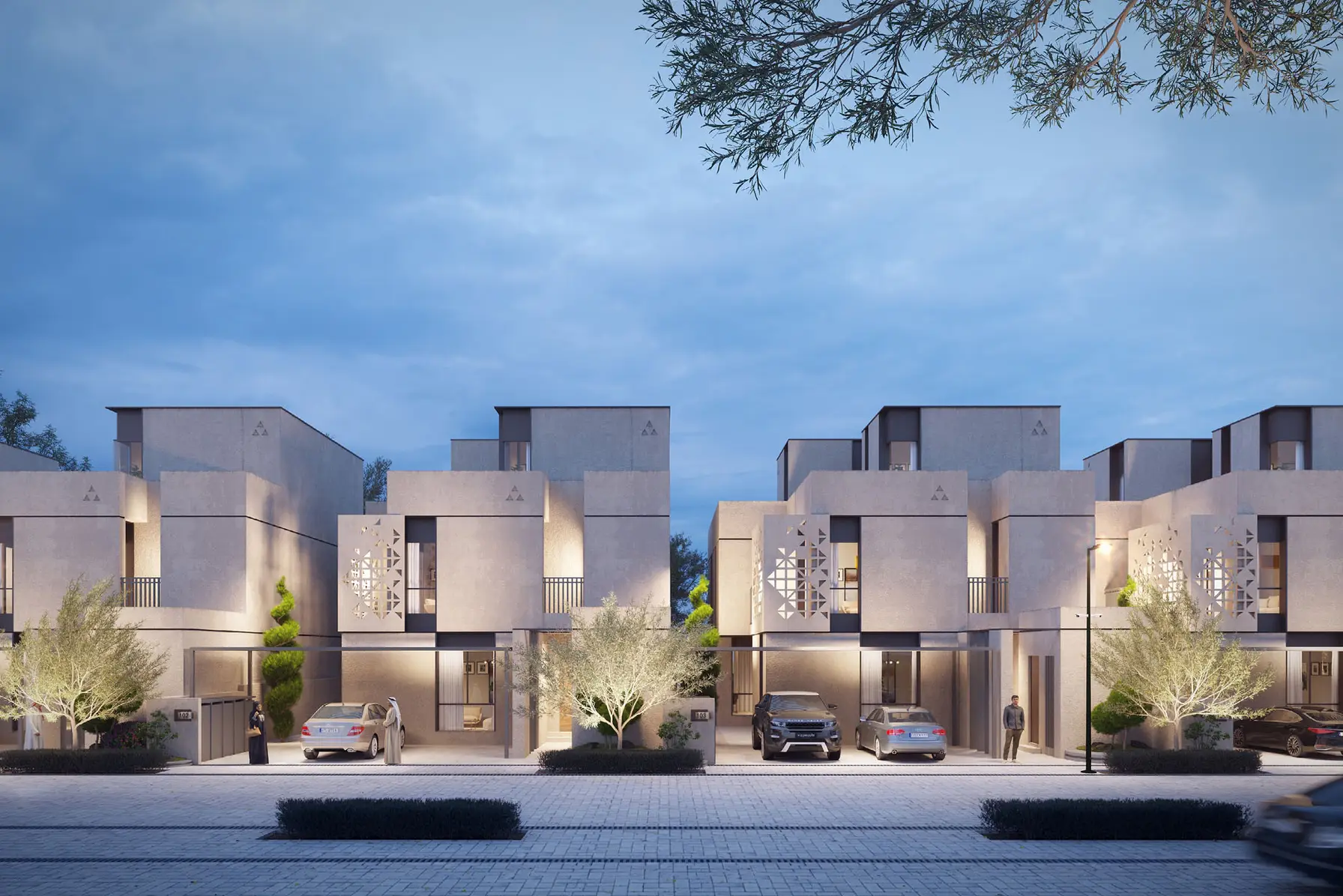 The villas at dusk.