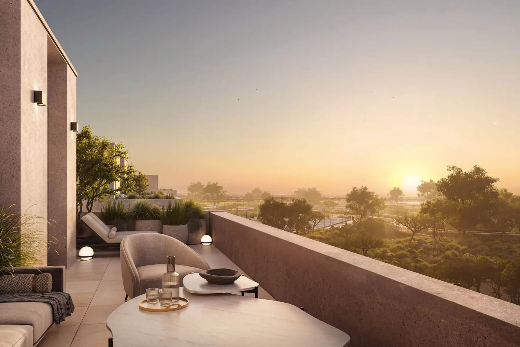 A rooftop terrace at sunset.