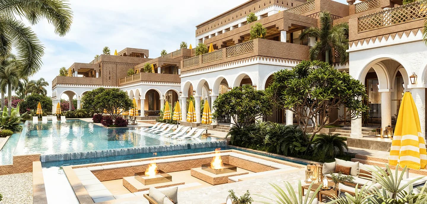 The pool terrace and shaded loggias of the clubhouse