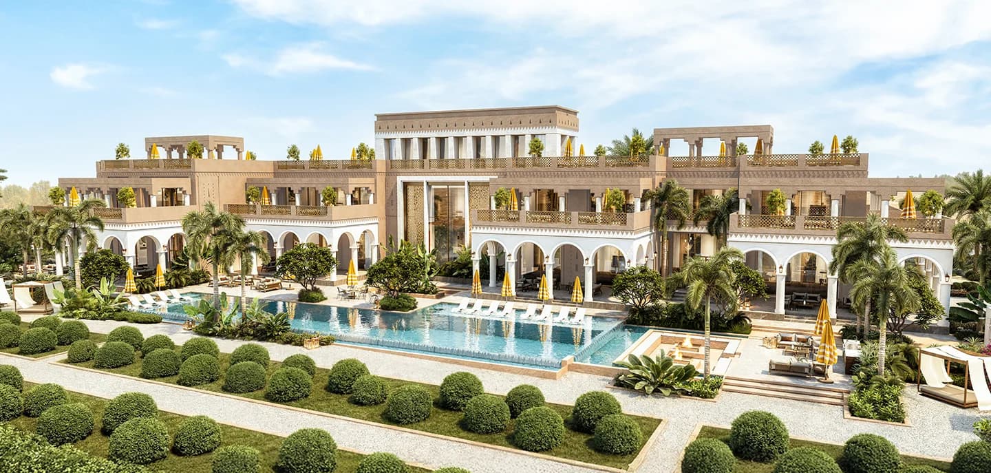 The clubhouse, its formal gardens and reflecting pool