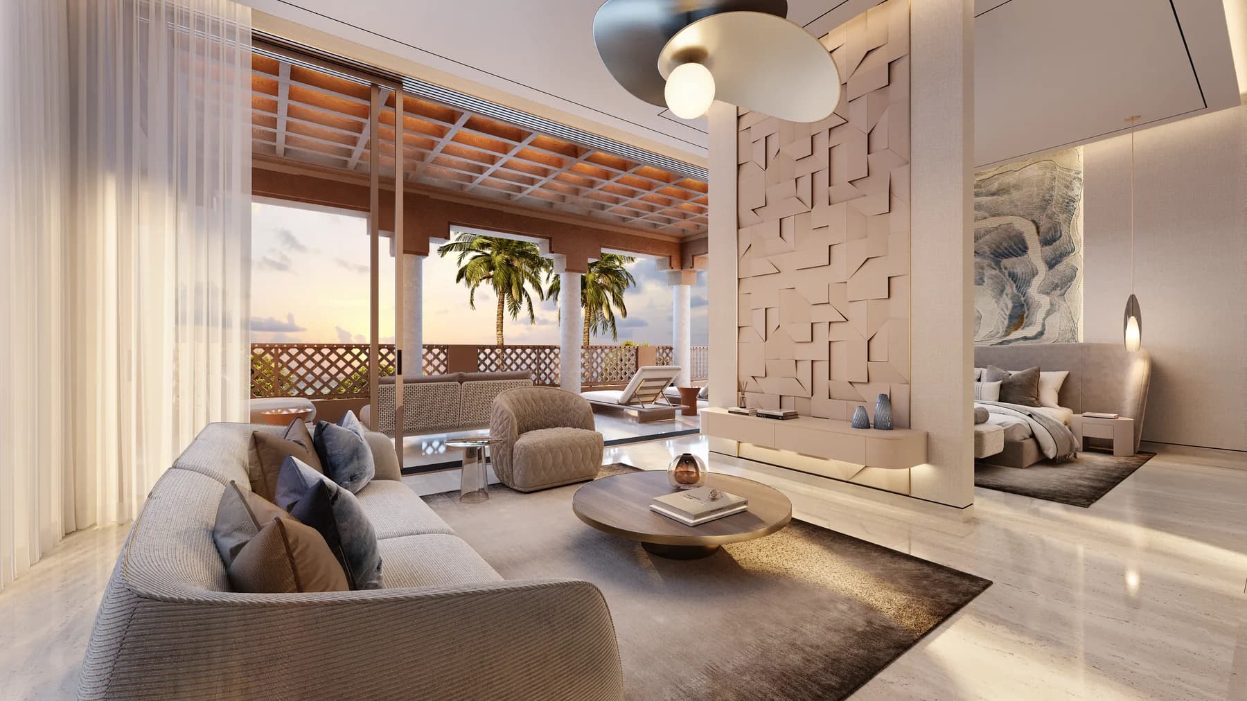 A living room with a hand-worked feature wall and cove lighting