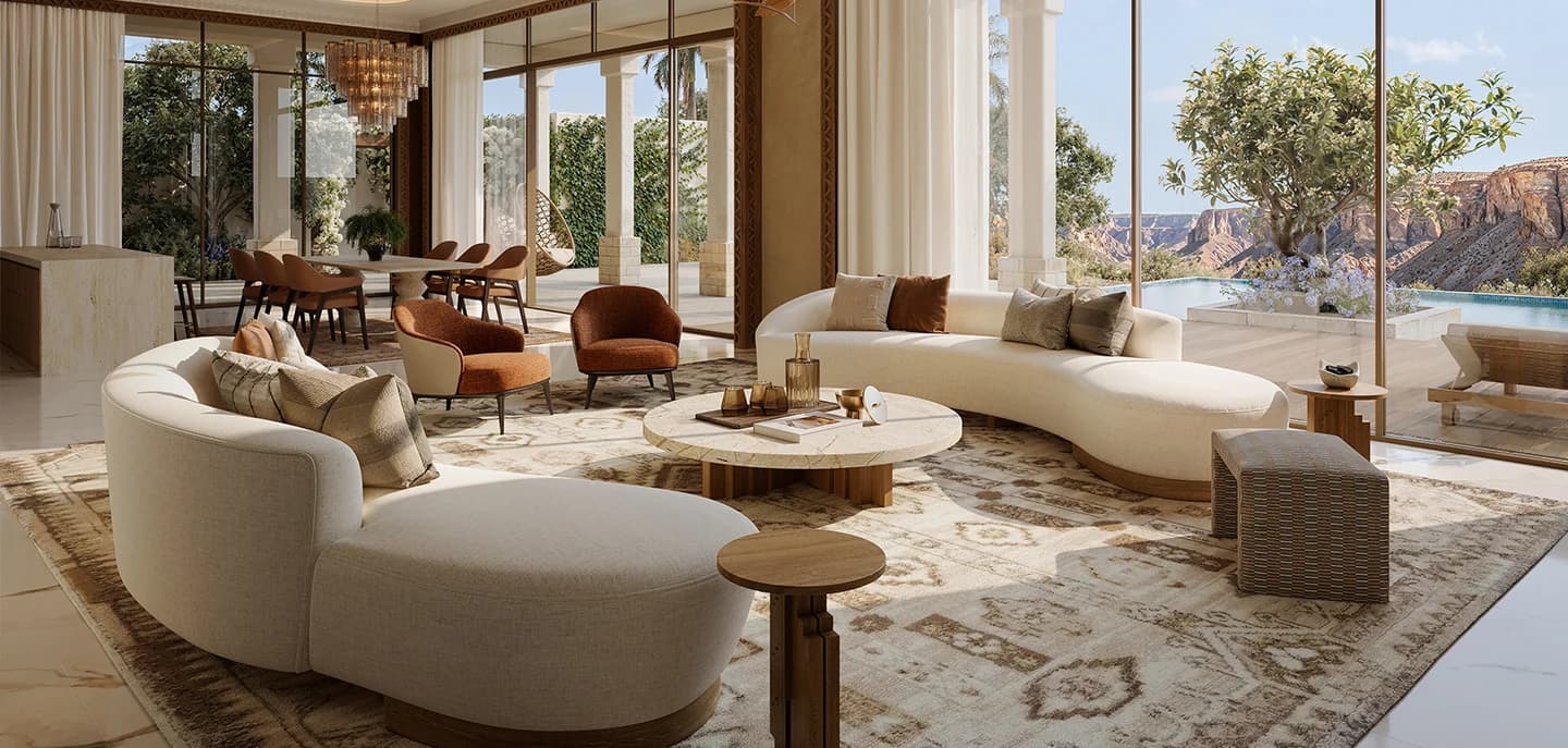 A living room finished in soft, tonal materials