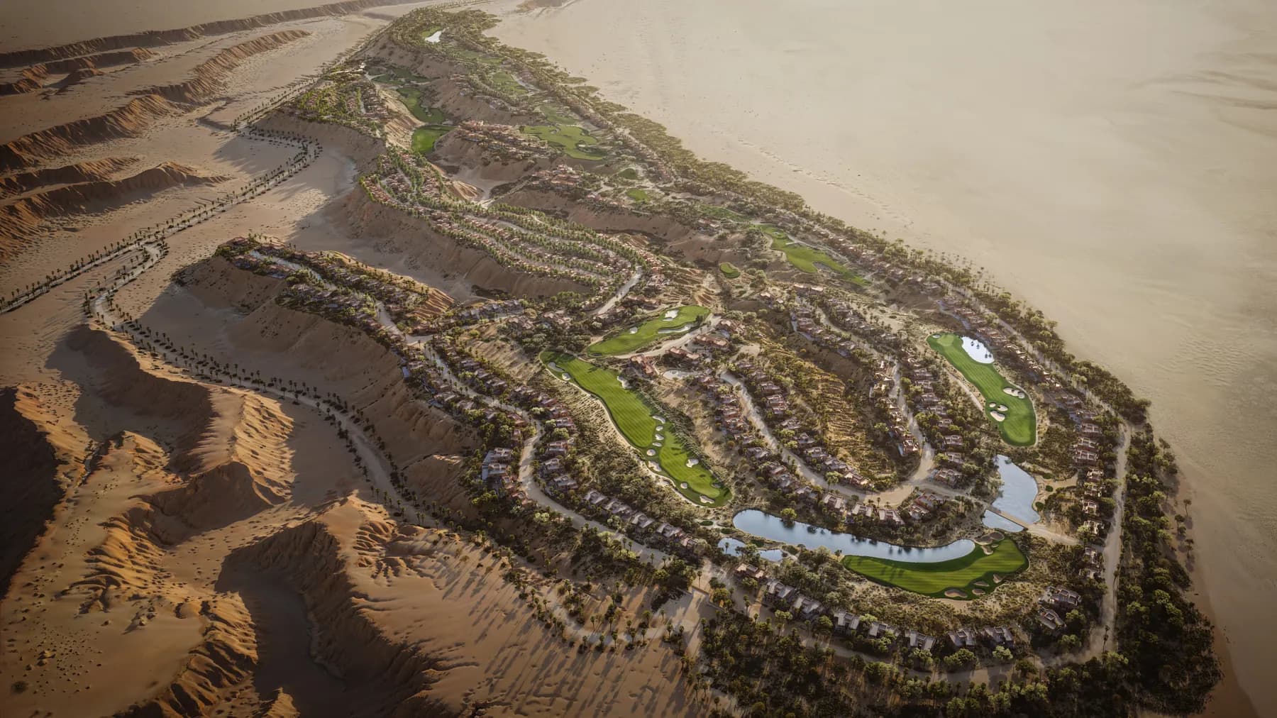 An aerial of the Rayana masterplan laid into the Wadi Safar valley