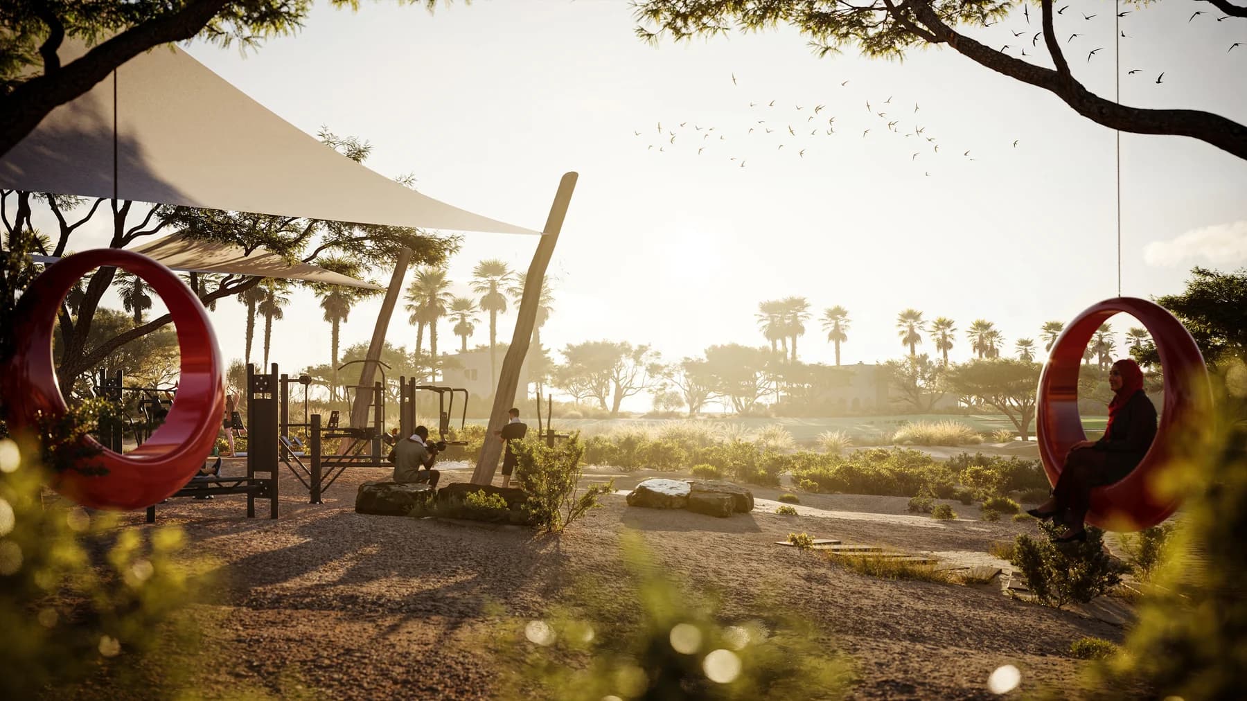 A landscaped park within the community at dusk