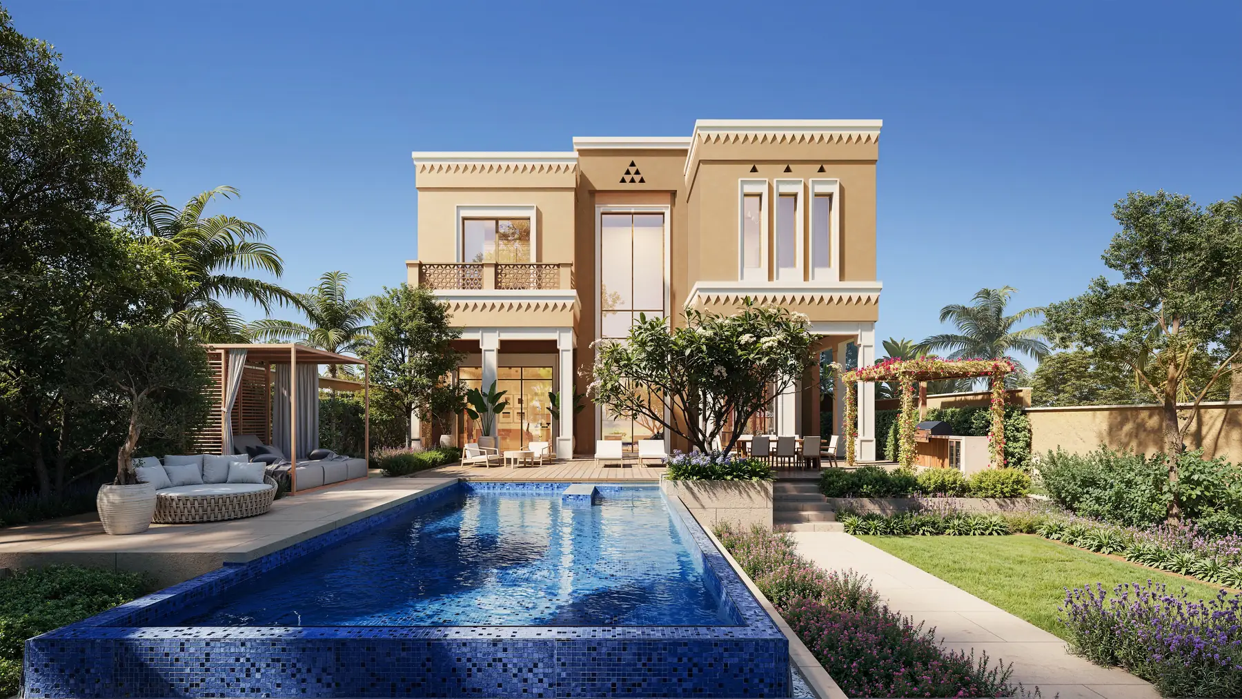 A mansion and its private pool, set among palms in the valley