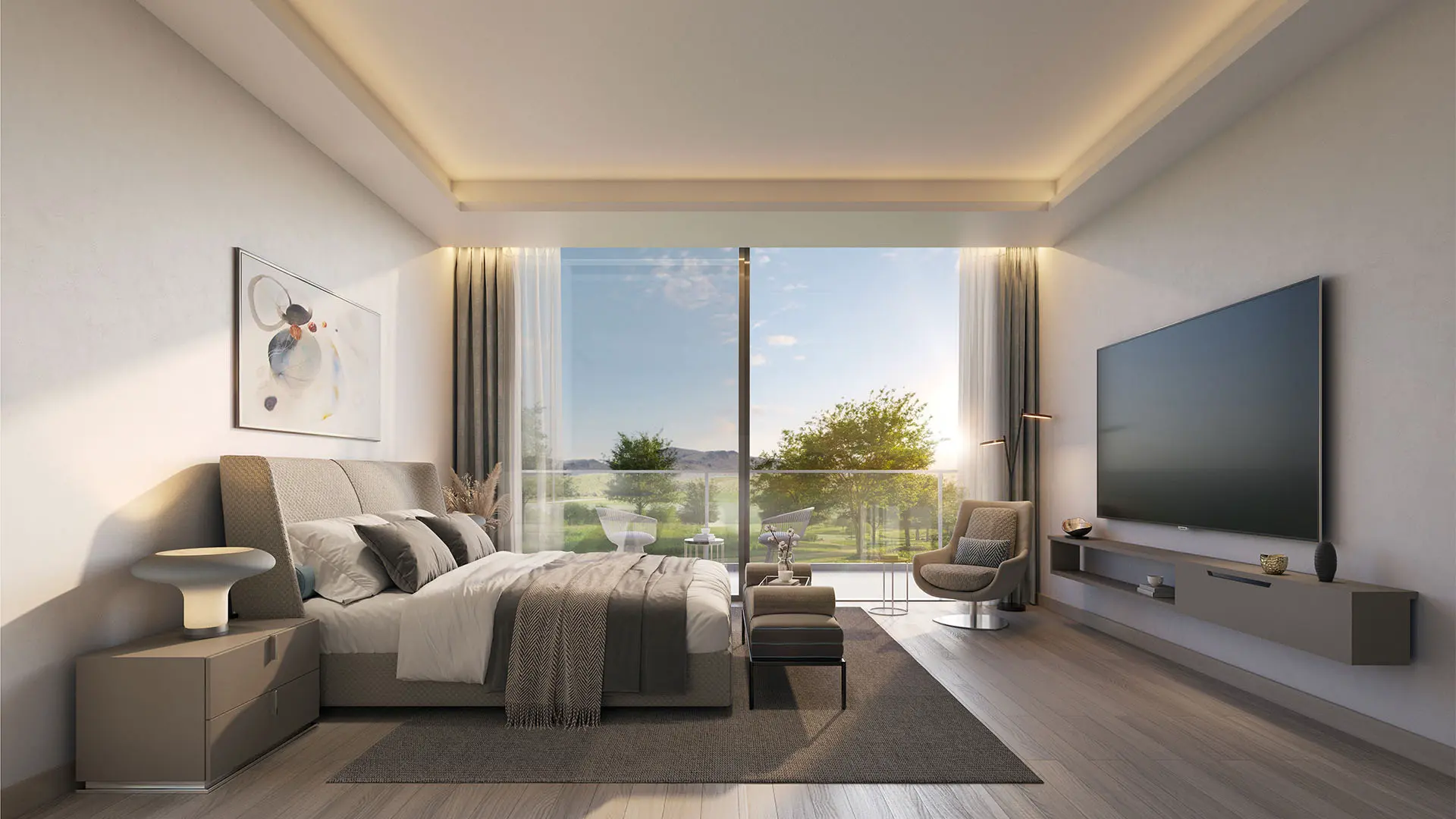 A bedroom with sea views