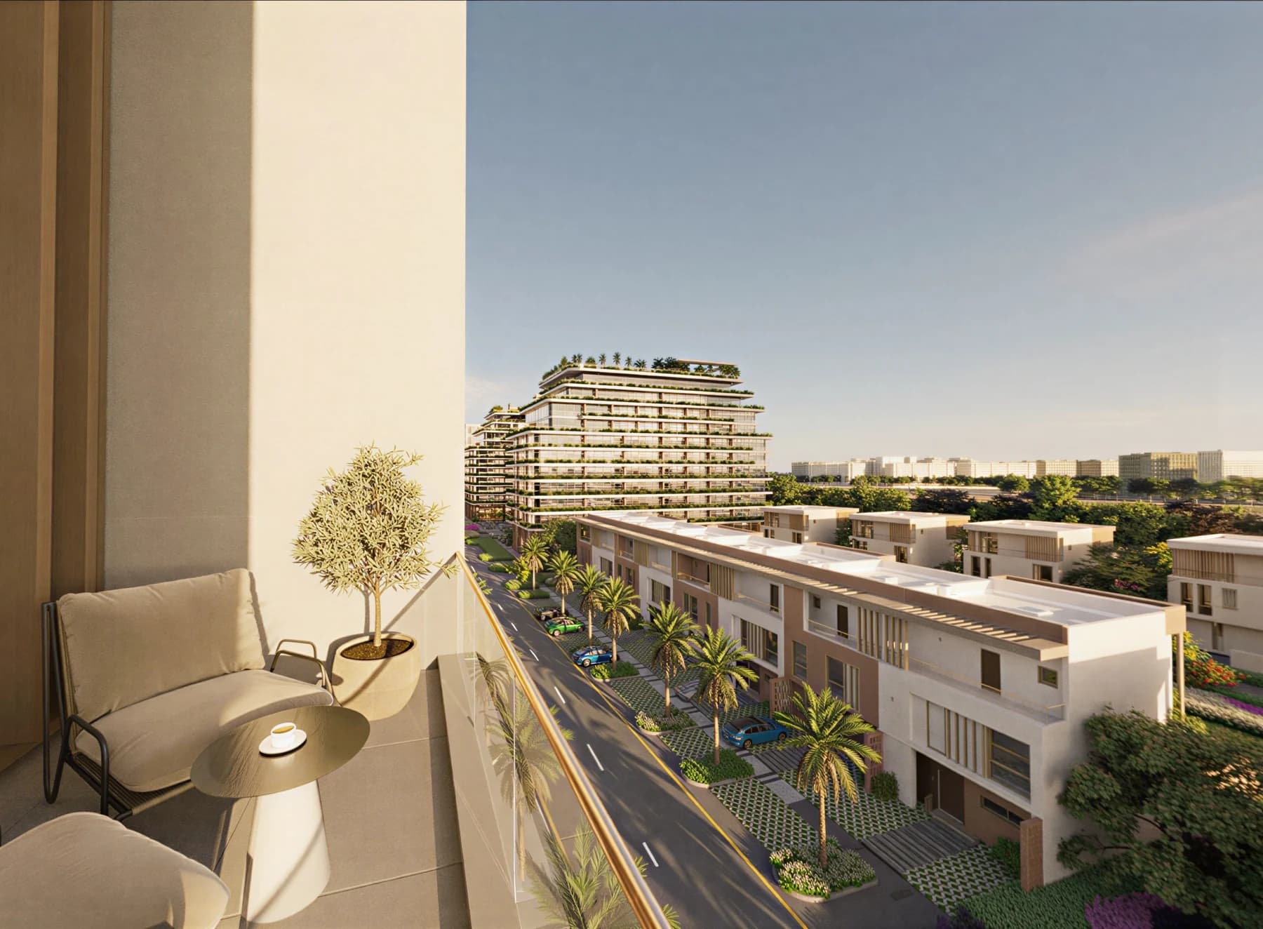 منظر من شرفة شقة في وادي زها فوق شارع التاون هاوس باتجاه البرج الأيقوني