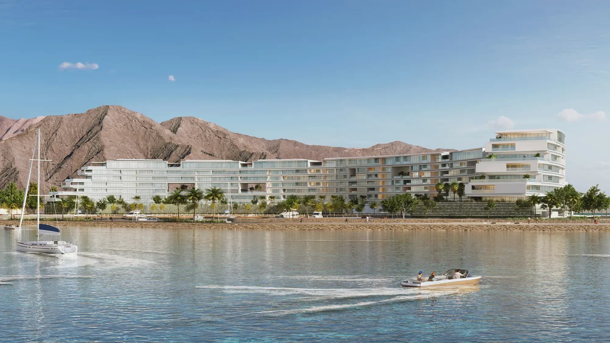 Render of The Arc in Muscat, curved waterfront building with mountains beyond