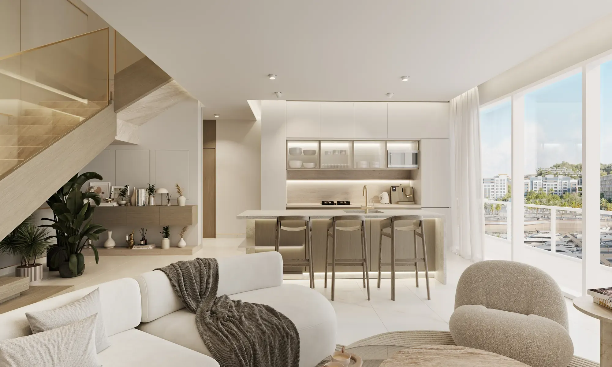 Render of Opal two bedroom duplex at The Arc, with an open staircase