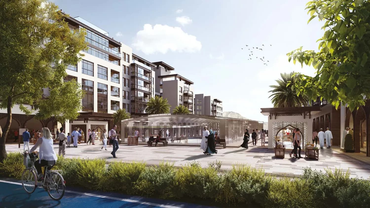 Render of The Plaza at Yiti, Muscat, with planted pedestrian space between mixed-use apartment buildings