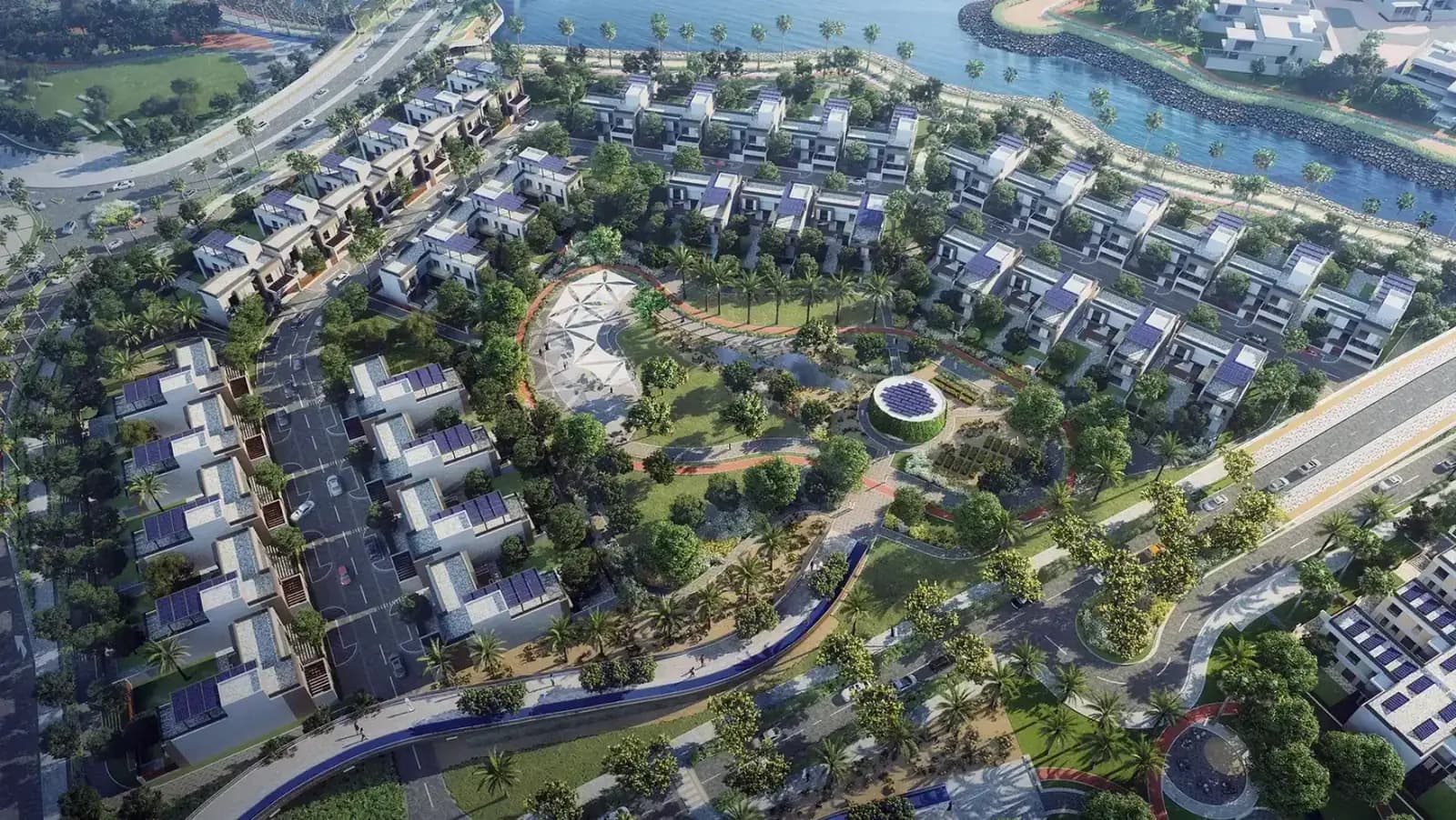 Aerial render of Sustainable District Villas at Yiti, Muscat, with homes arranged beside planted green corridors