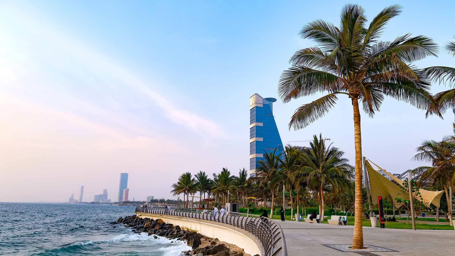 The Jeddah corniche on the Red Sea in late afternoon light