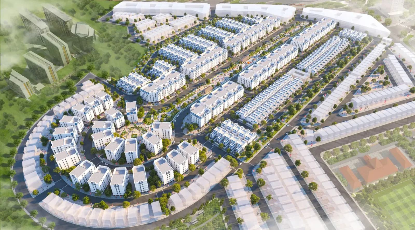 Developer render of an aerial view over Meshraf Al Majdiah in Al Hadra, villas and apartments in one plan