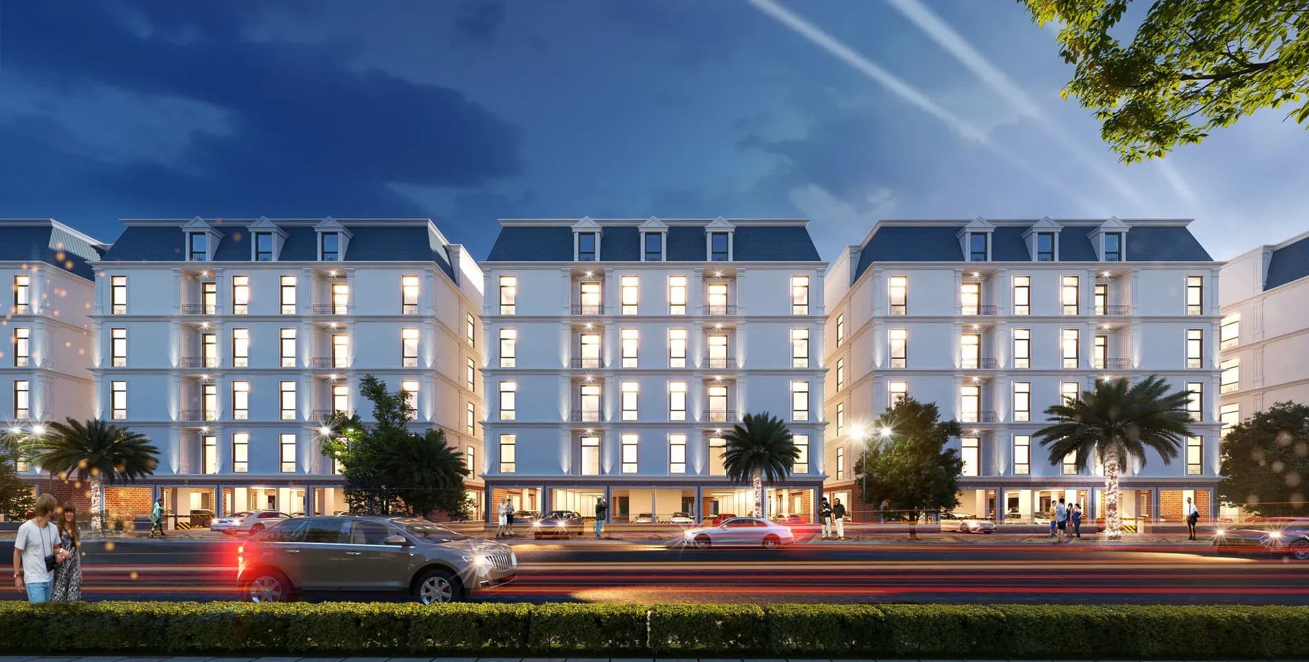Developer render of apartment buildings at Meshraf Al Majdiah in Al Hadra, east Madinah, lit at dusk