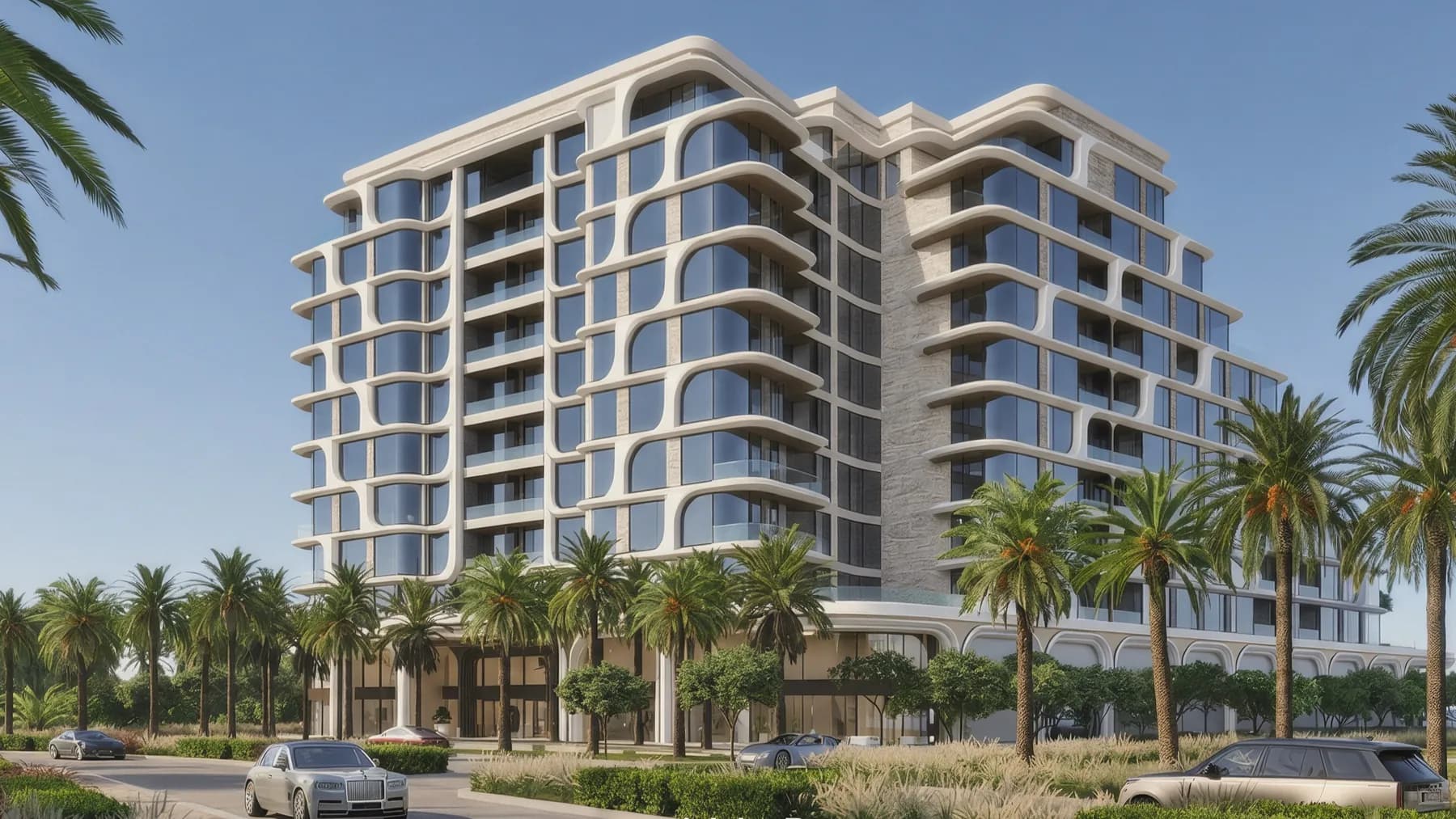 ALMAR Residences at Al Mouj Muscat, a white building with curved, wave-like terraces rising above palm-lined gardens and the arrival road