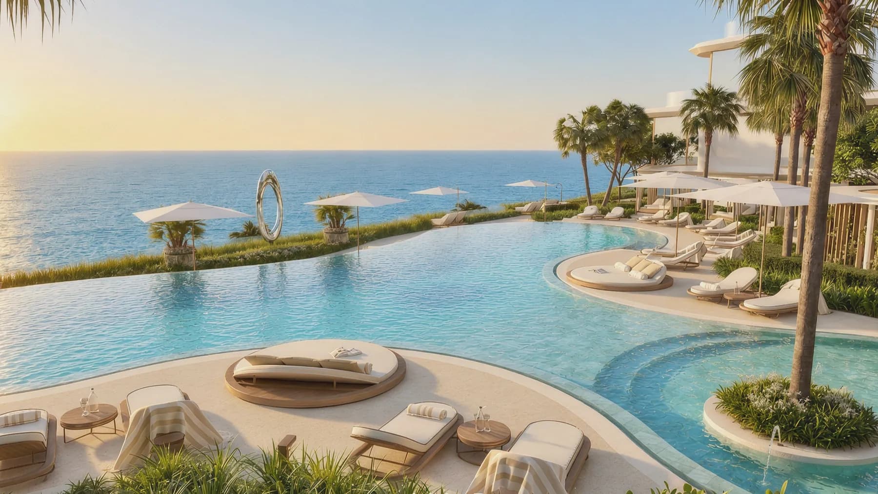 ALMAR’s infinity pool at sunset, with a planted island, shaded loungers and the sea beyond the pool edge