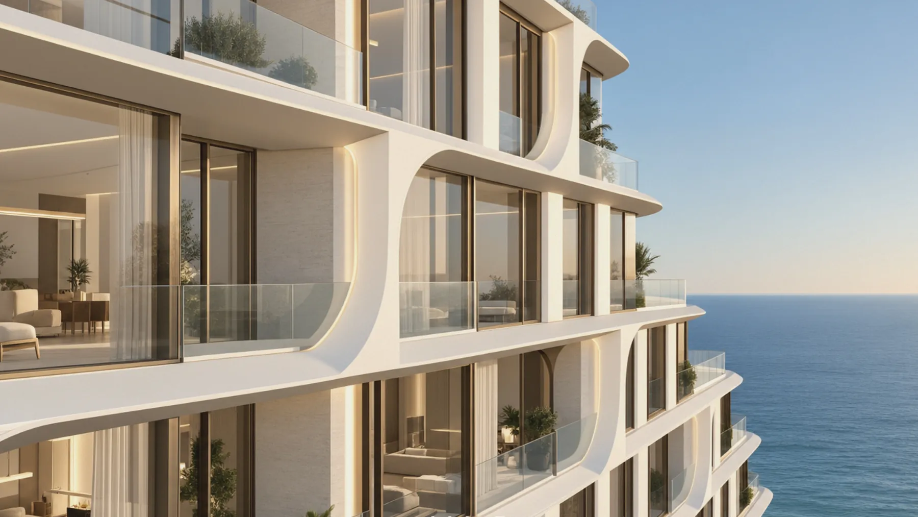 Glazed residences and curved balconies on ALMAR’s seaward side, looking out over the open Gulf of Oman