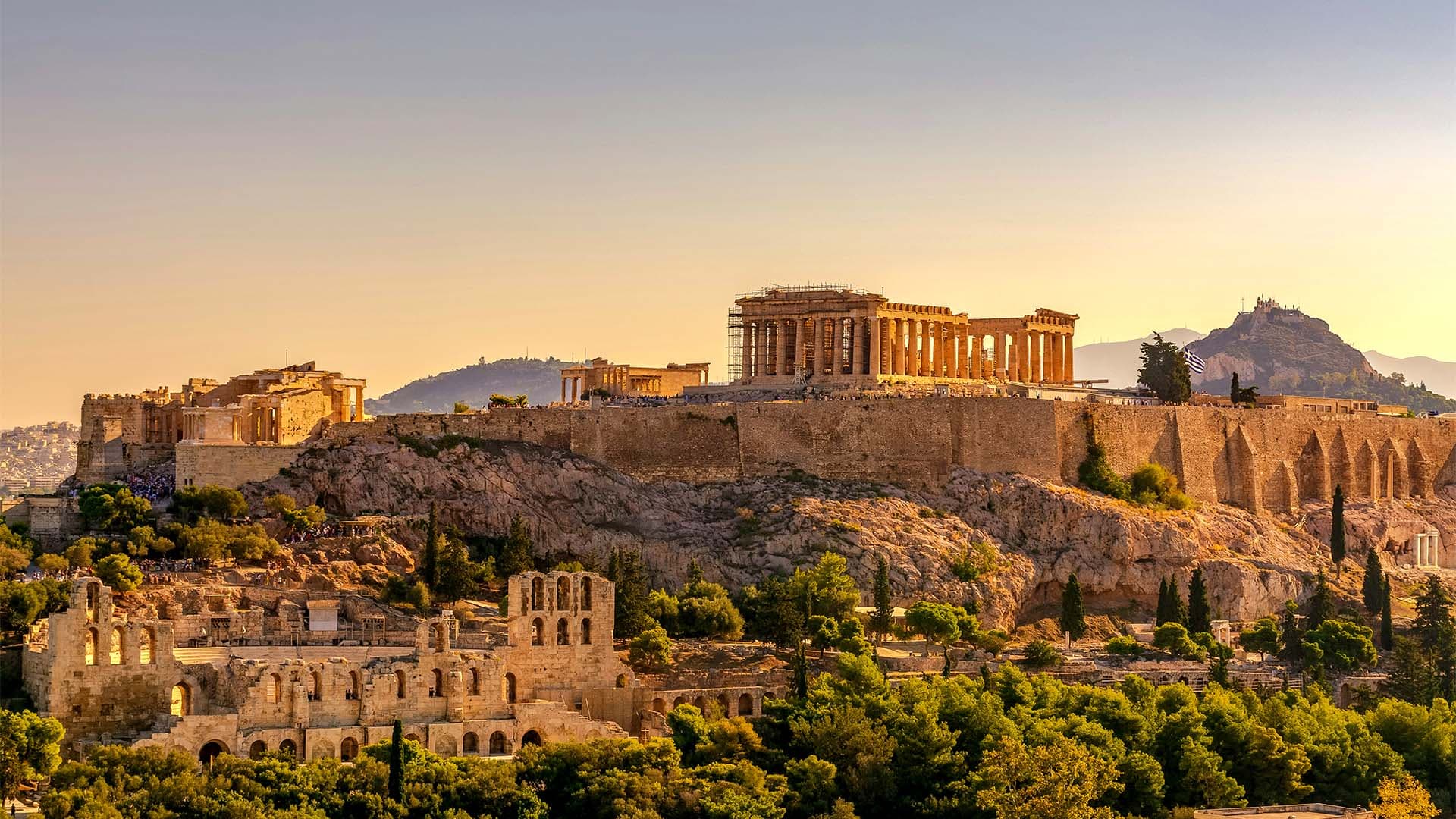 Ancient Athens at dusk, where Diogenes of Sinope declared himself a citizen of the world