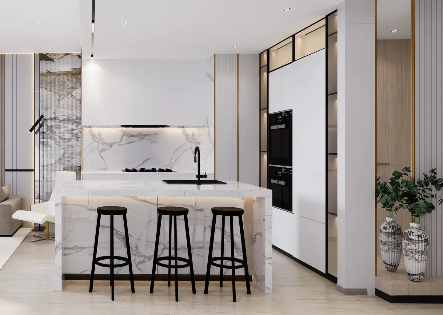 A marble kitchen island