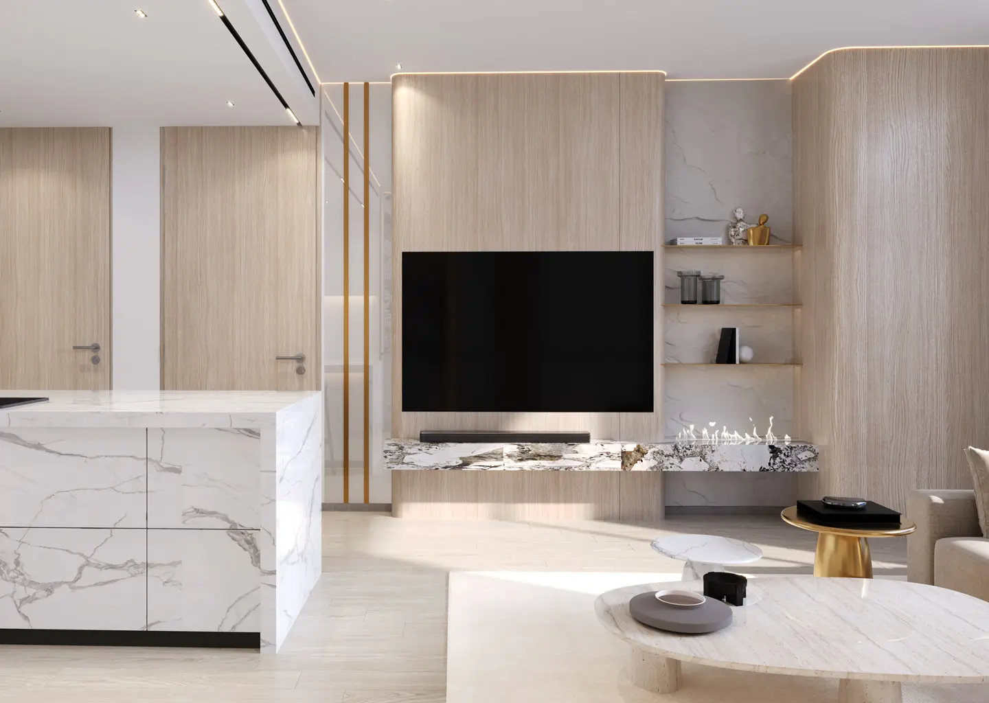 A living room and kitchen